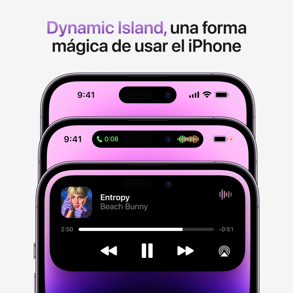 Trzy ekrany telefonu pokazujące funkcję Dynamic Island w iPhonie. Widoczny interfejs muzyczny.