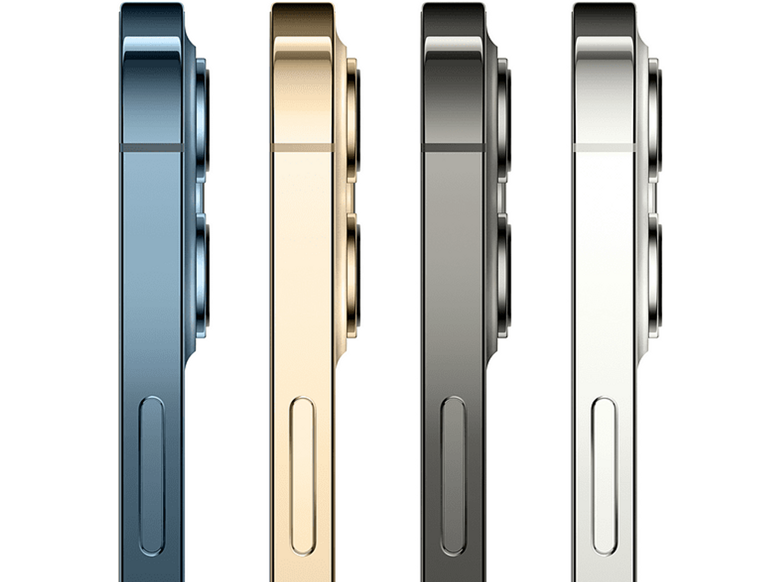 Widok z boku iPhone 13 Pro w czterech kolorach: niebieskim, złotym, grafitowym, srebrnym. Czarne tło.