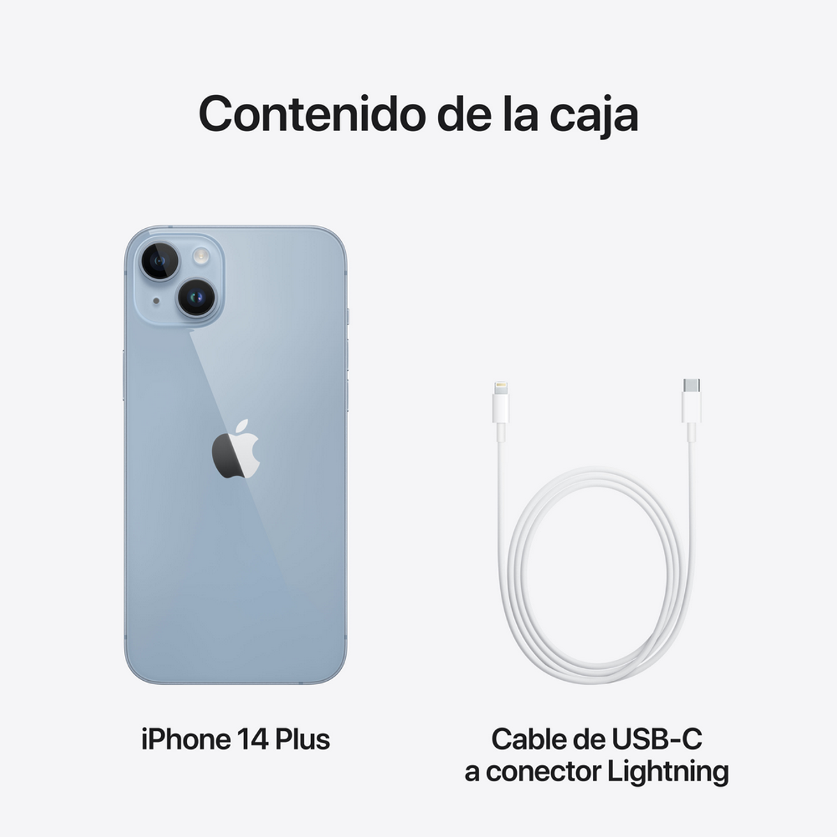 iPhone 14 Plus i kabel USB-C do Lightning. Białe tło, tekst: Zawartość pudełka.