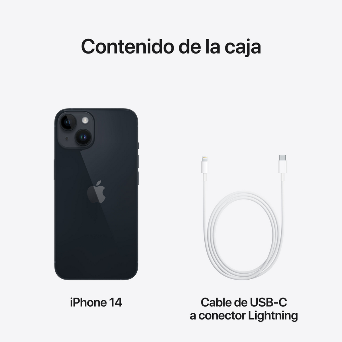 iPhone 14 i kabel USB-C na Lightning na białej powierzchni, zawartość pudełka.