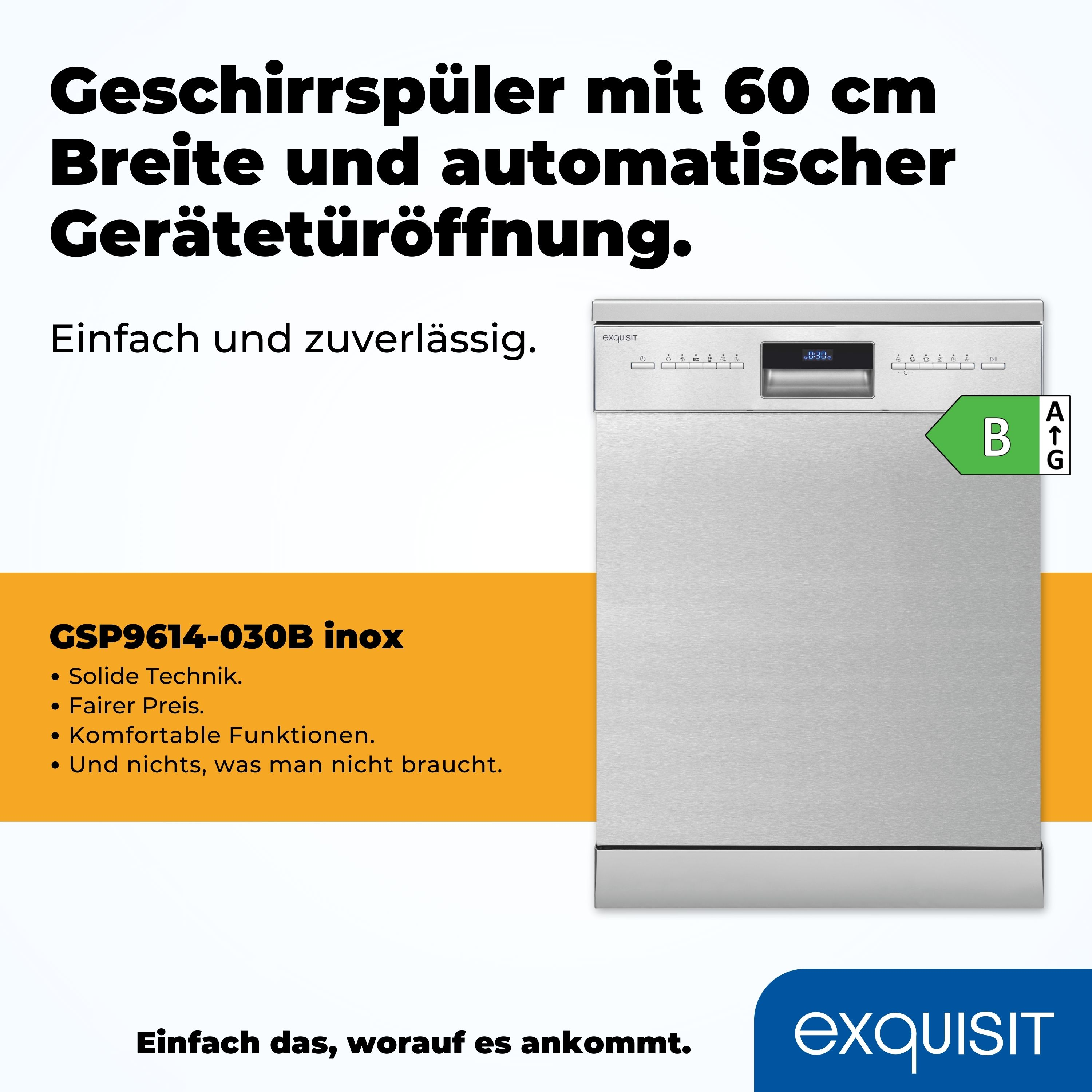 Edelstahl-Geschirrspüler mit Text über Funktionen und Energieeffizienzklasse B.