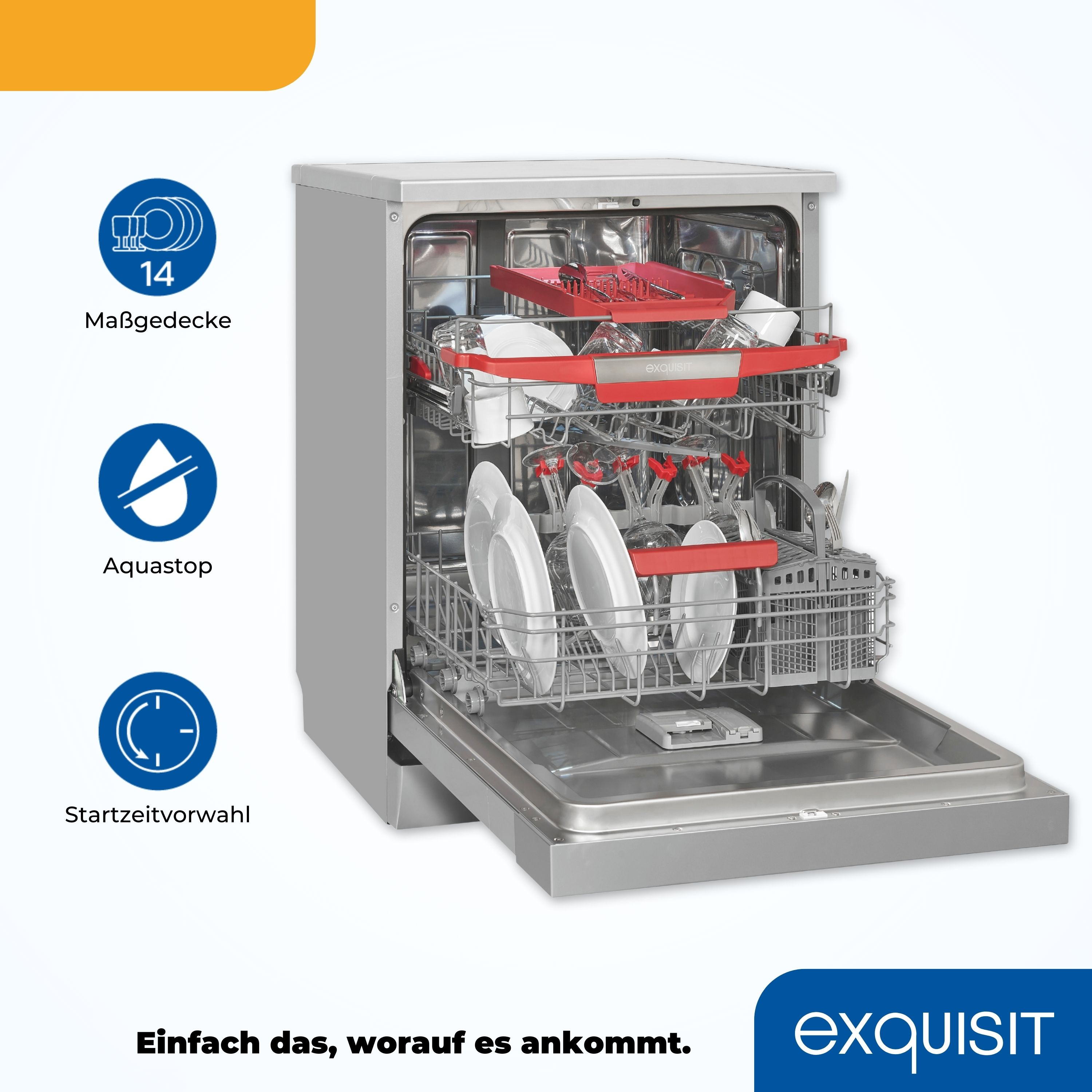 Ein Geschirrspüler mit offener Tür. Geschirr ist in den oberen und unteren Körben platziert. Die Marke ist Exquisit.