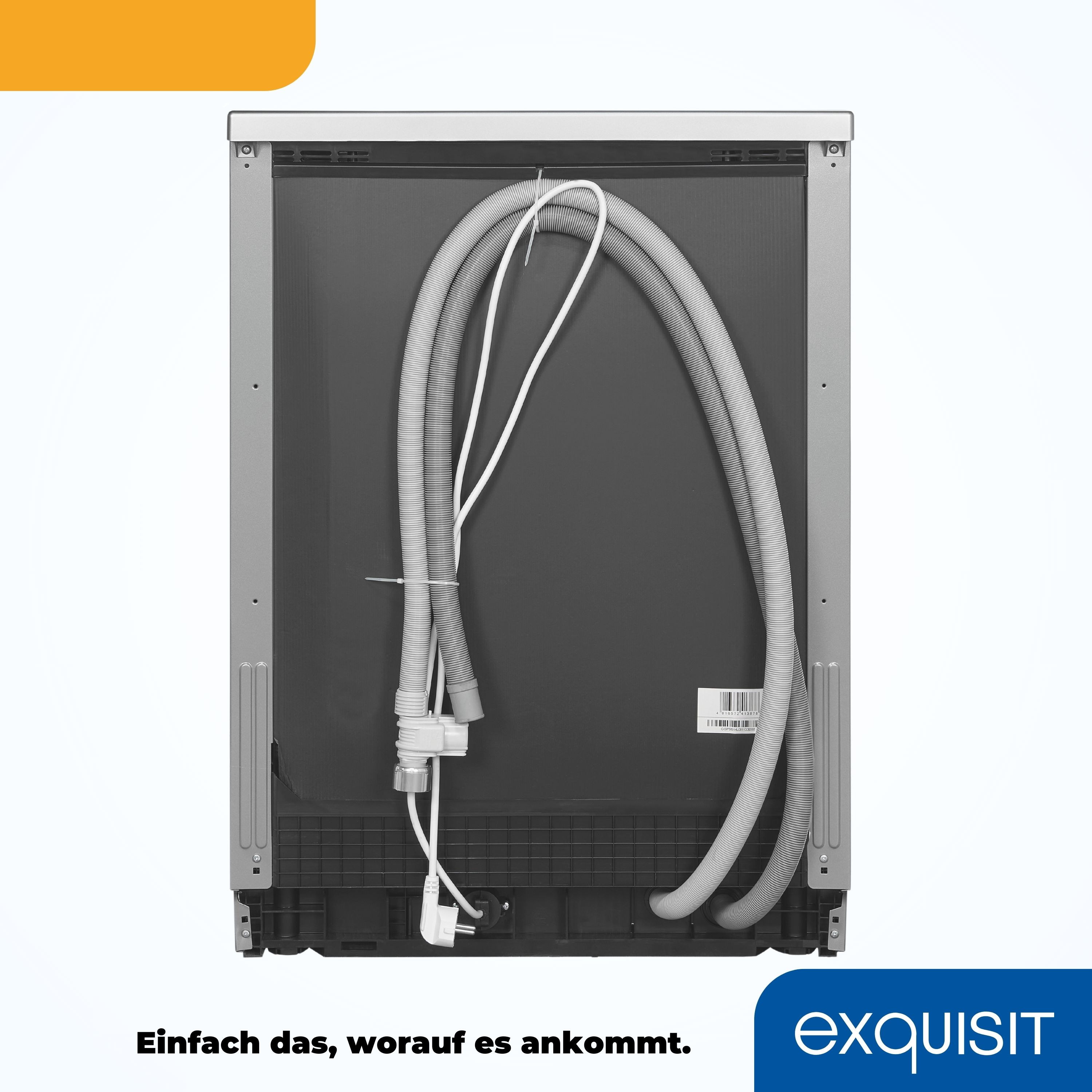 Rückseite eines Geschirrspülers mit Schläuchen und Netzkabel. Text unten: 'Einfach das, worauf es ankommt'.