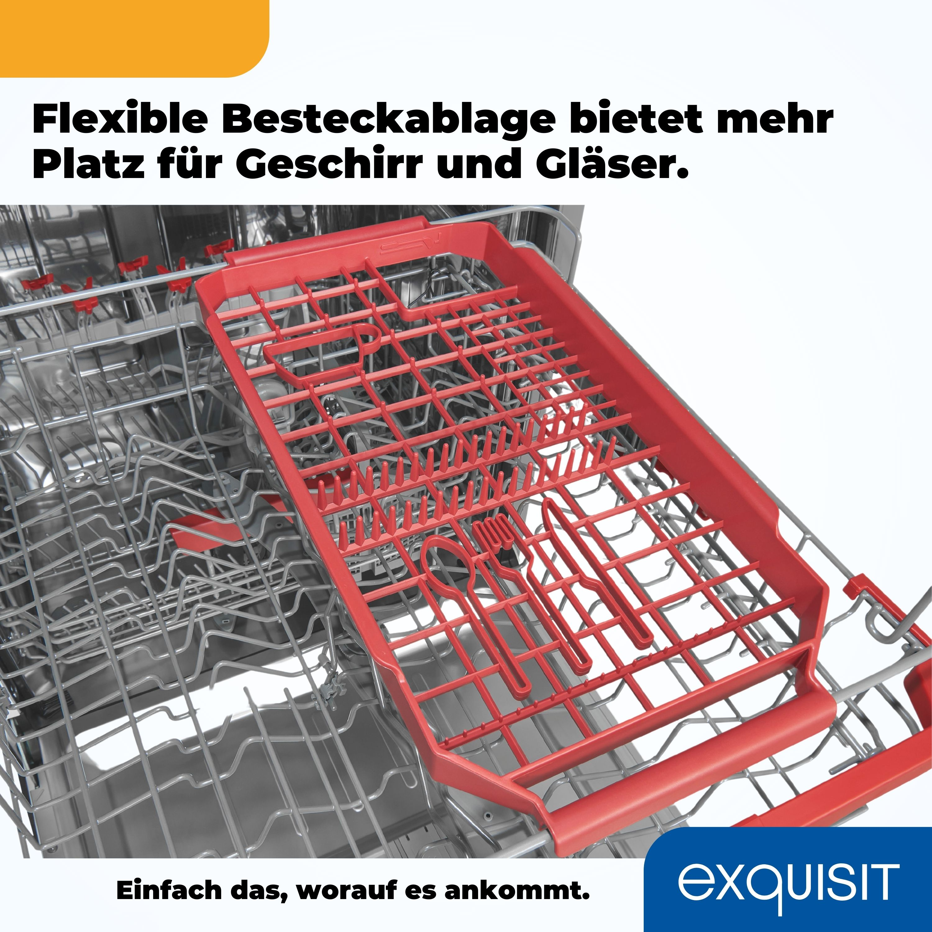 Geschirrspüler-Innenraum mit rotem Besteckkorb. Das Bild zeigt das Gestell und das Innere der Maschine.