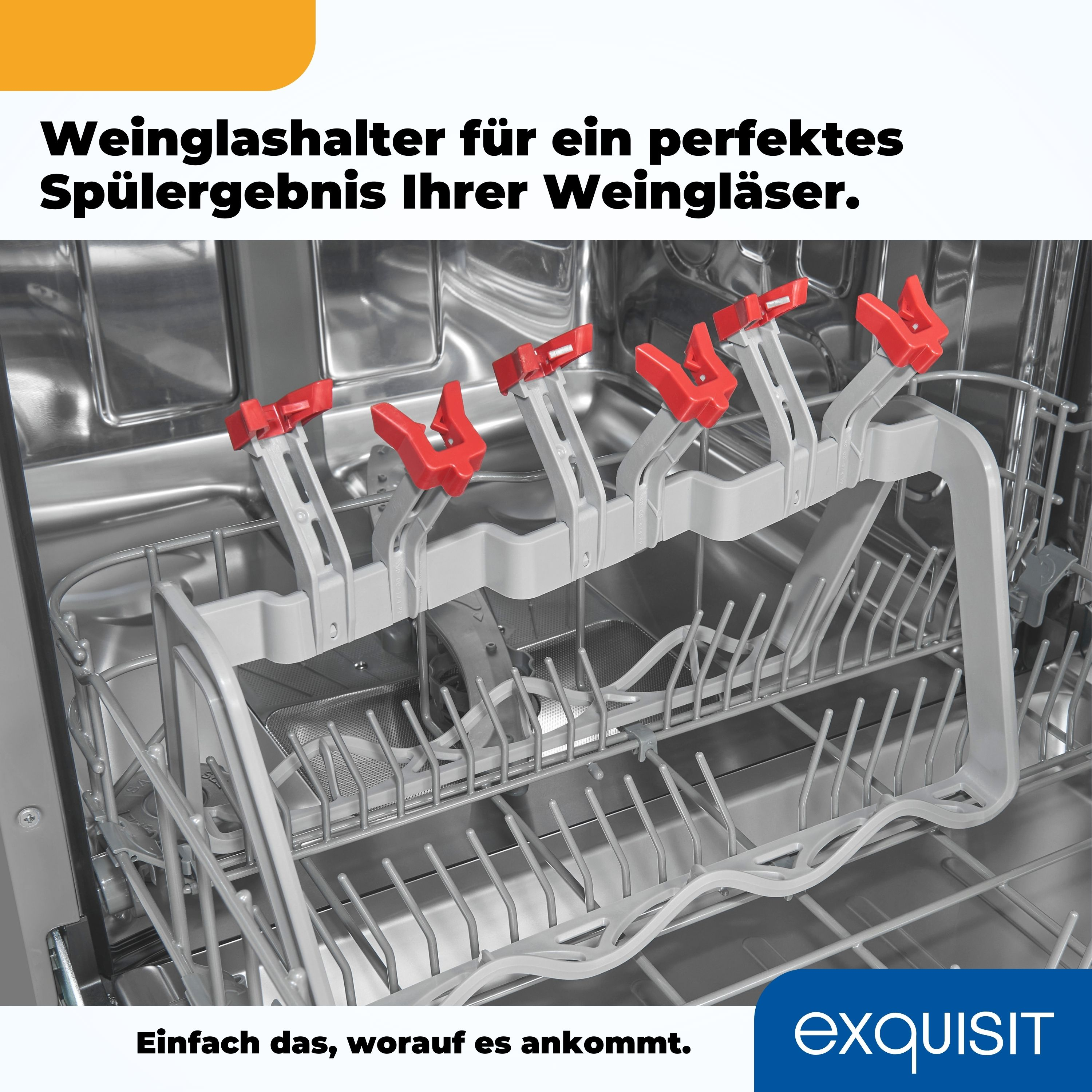 Geschirrspüler-Innenraum mit Weinglashalter. Text auf Deutsch lautet 'Weinglashalter'.