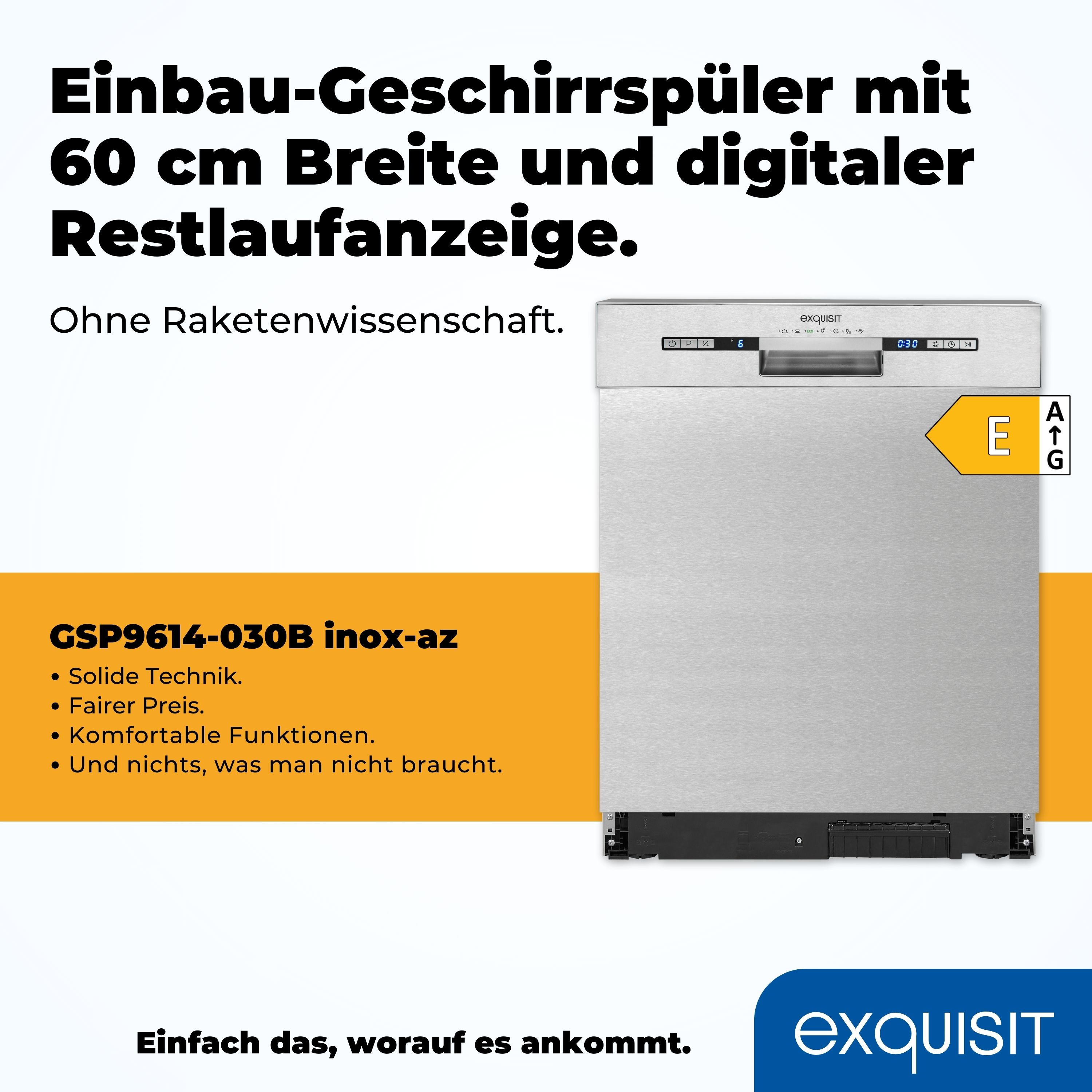 Edelstahl-Geschirrspüler mit digitaler Anzeige und einem Energieeffizienz-Label.
