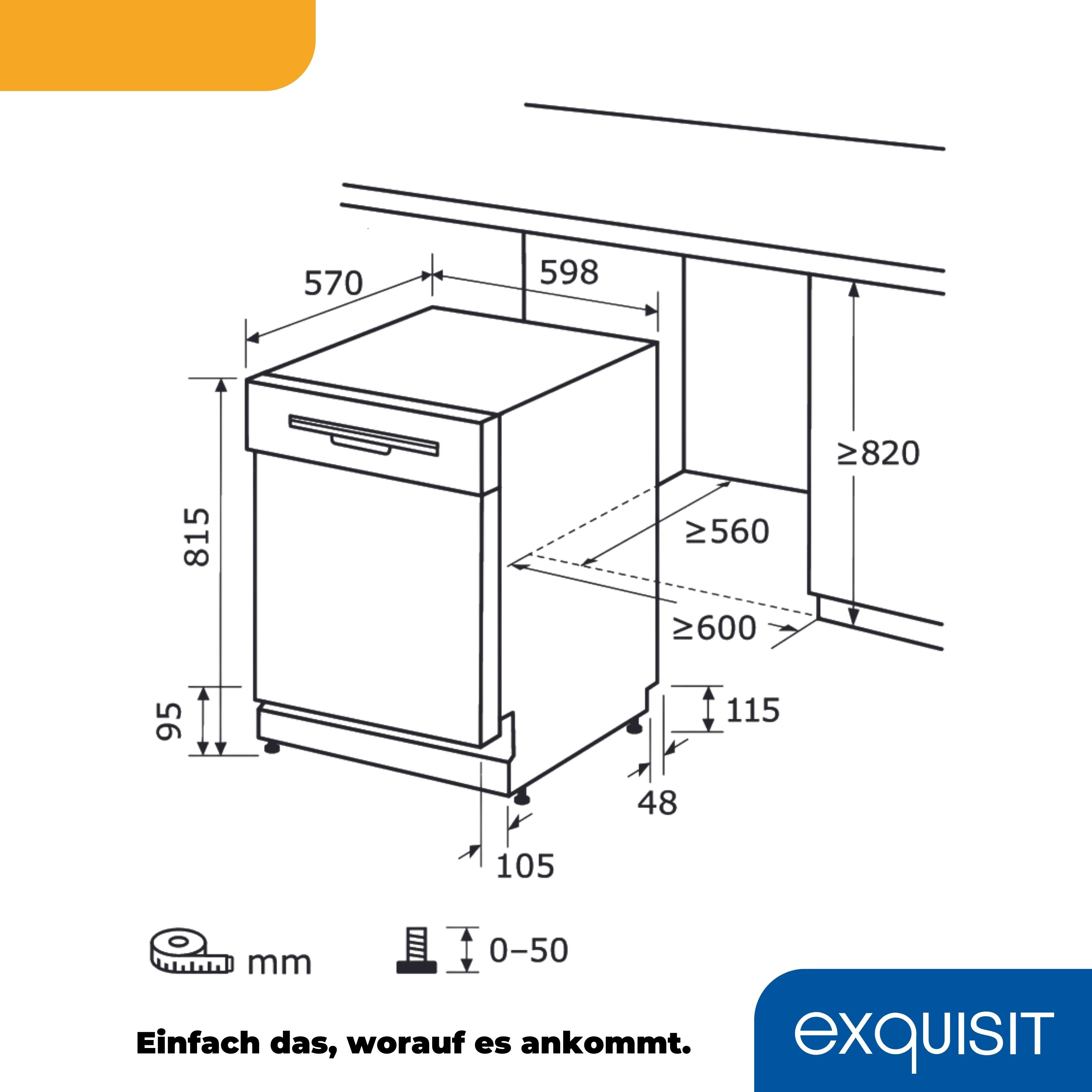 Eine Geschirrspüler-Diagramm mit Abmessungen und Text auf Deutsch: 'Einfach das, worauf es ankommt.'