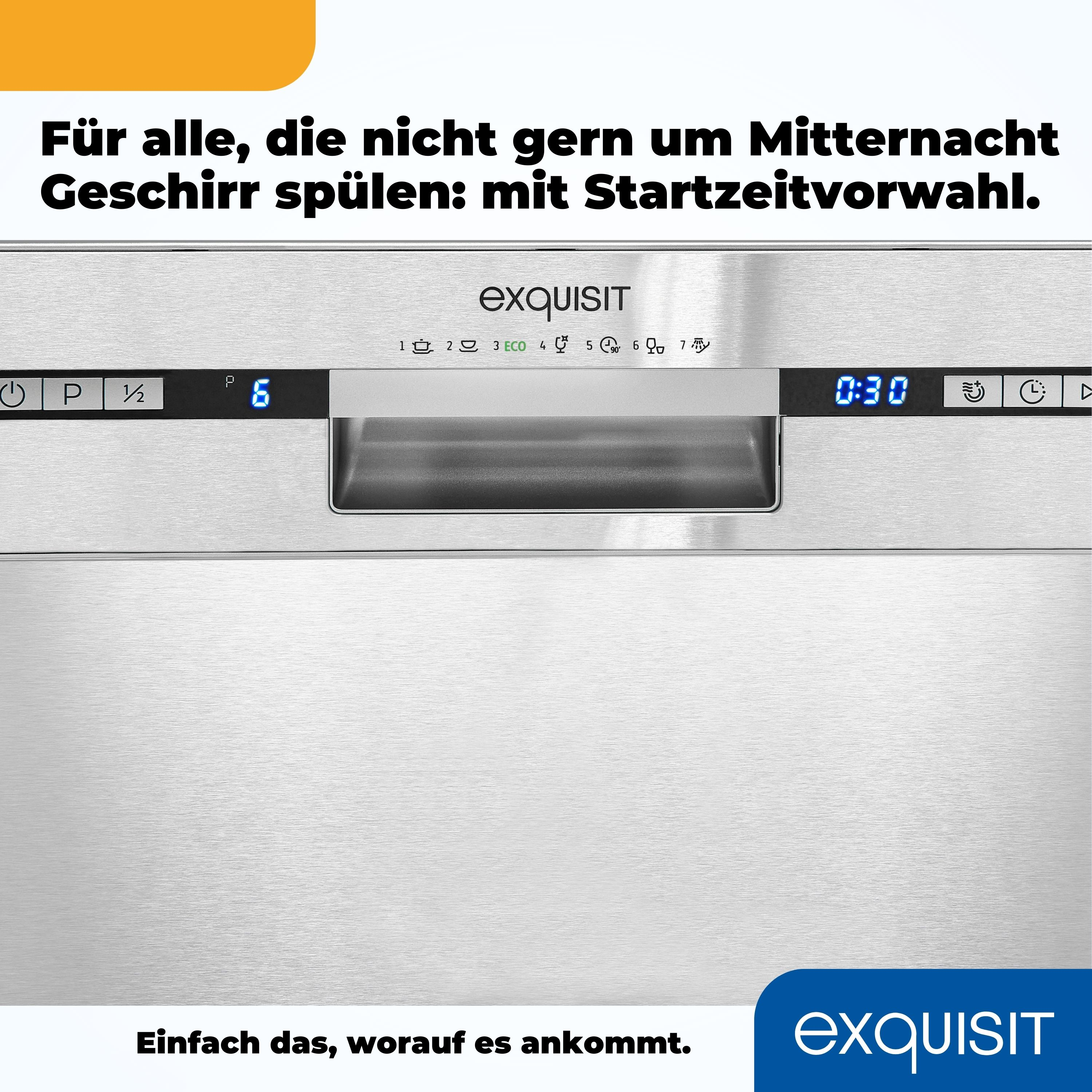 Exquisit Geschirrspüler-Bedienfeld mit Digitalanzeige. Text: Startzeitvorwahl.