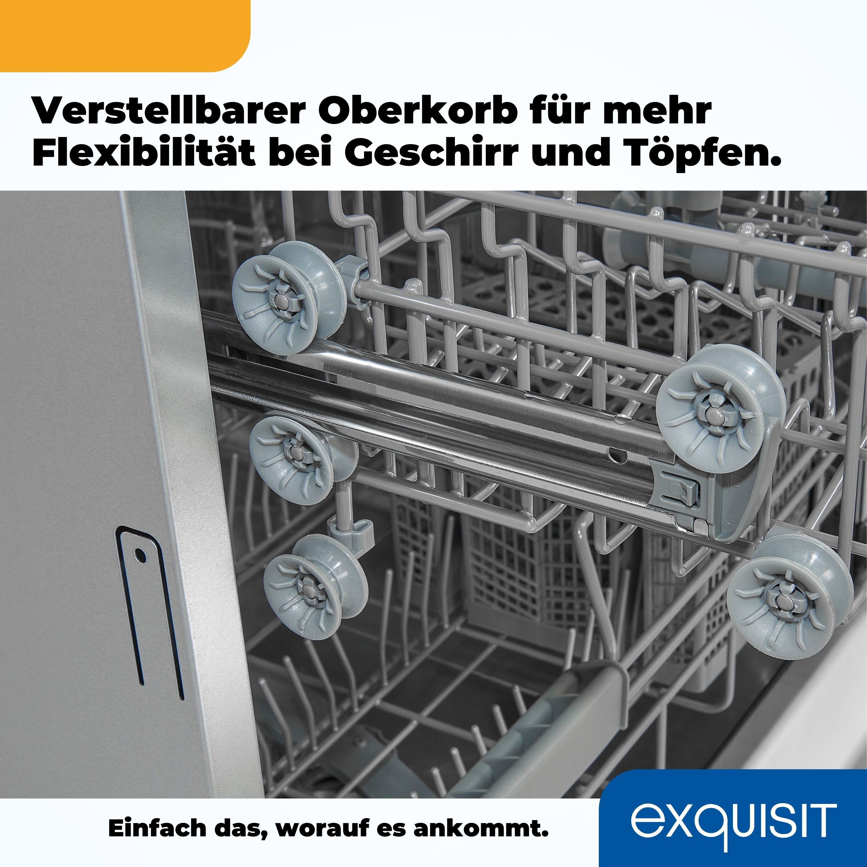 Geschirrspüler-Innenraum mit verstellbarem Oberkorb. Graue Räder und Gestelle sichtbar.