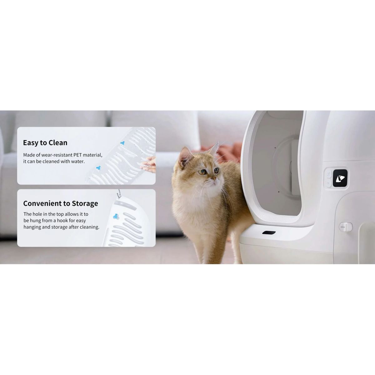 Un gatto accanto a una lettiera autopulente con etichette di testo.