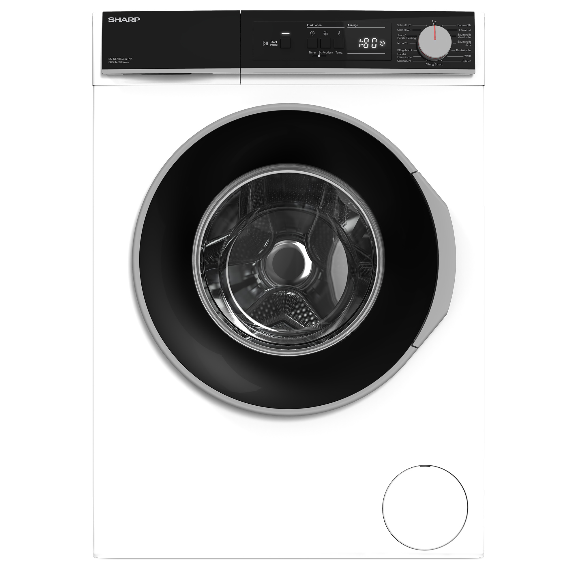 Weiße Waschmaschine mit schwarzer Tür und Bedienfeld oben.