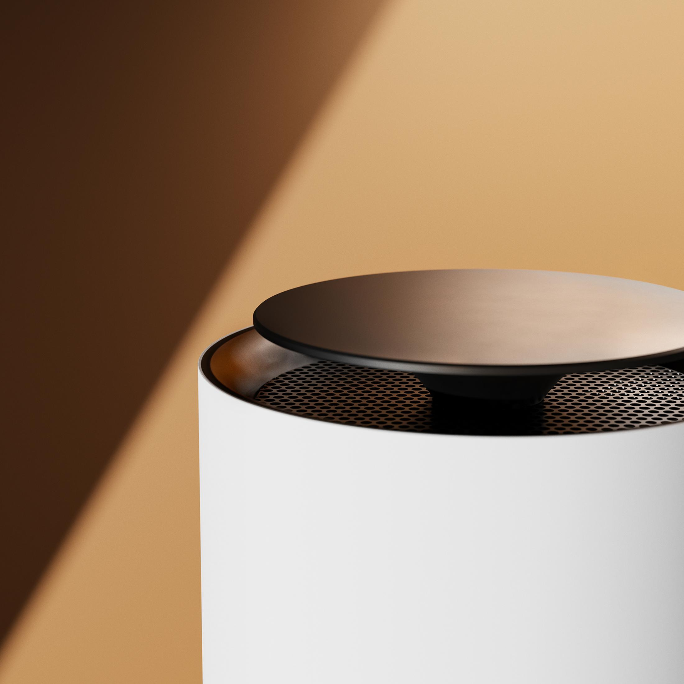 Biało-czarny oczyszczacz powietrza, z górą i cieniem na brązowym tle.