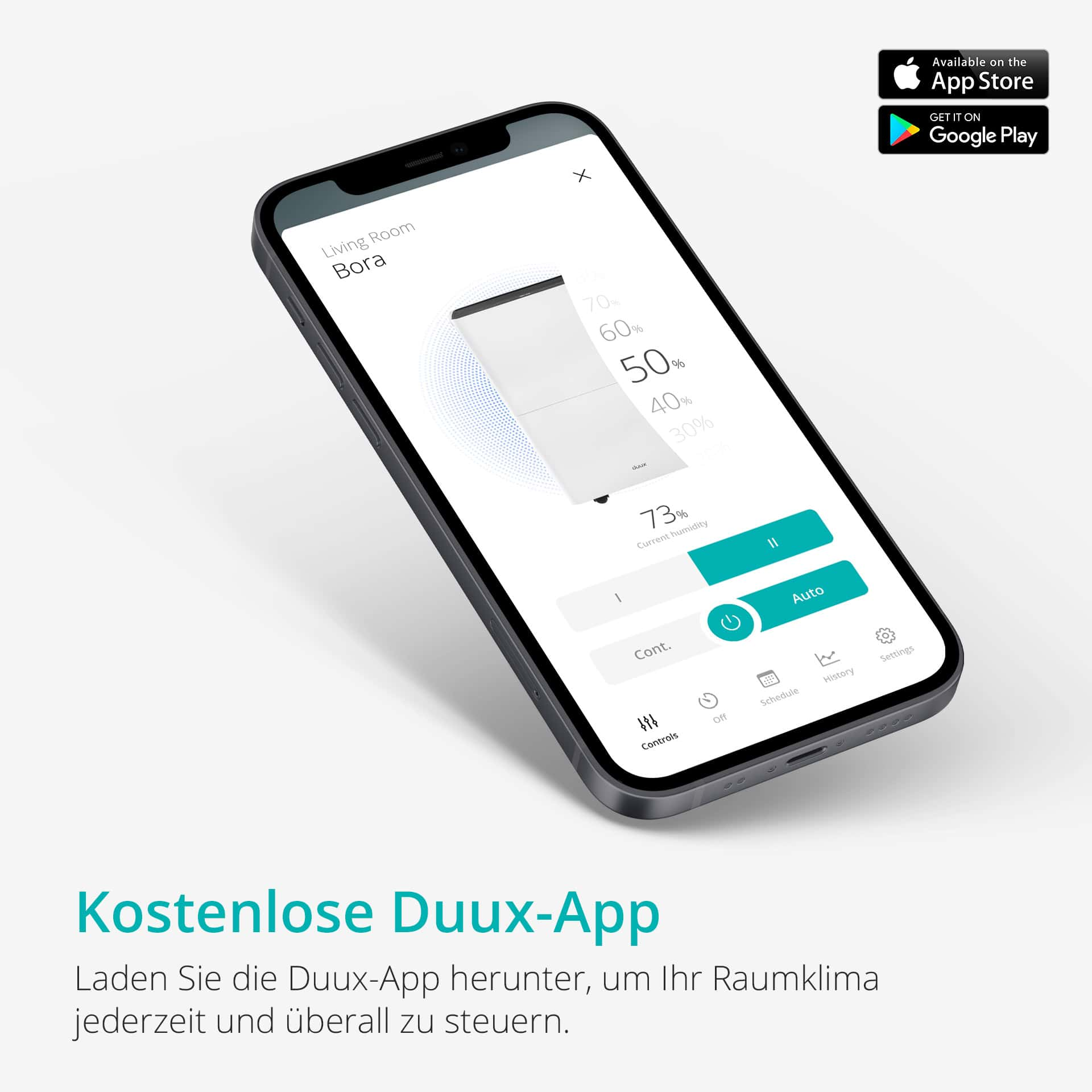 Smartphone interface showing humidity control. App info and app store logos.
