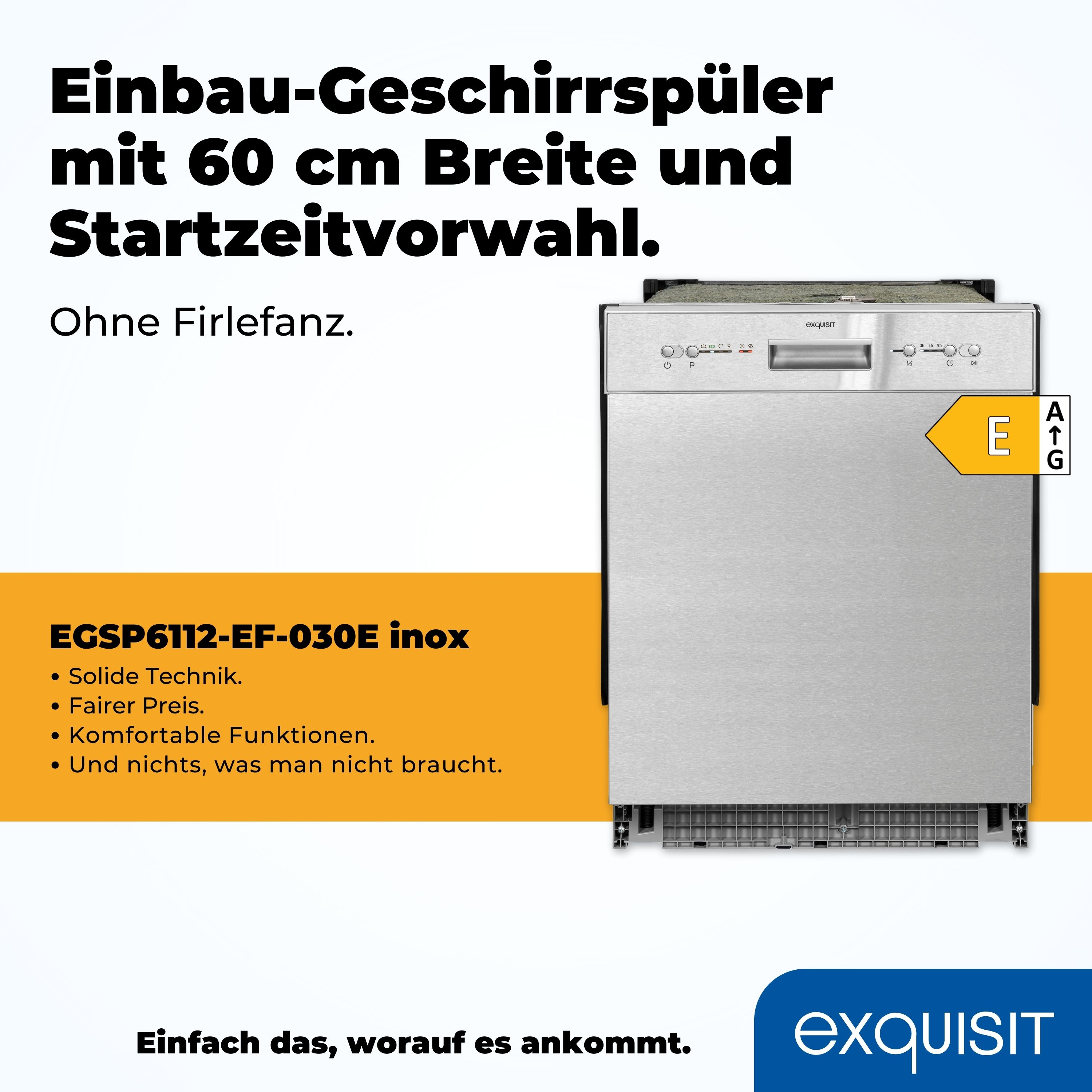 Einbau-Geschirrspüler. Edelstahlfront. Energielabel E. Markenlogo und Text. Weißer Hintergrund.