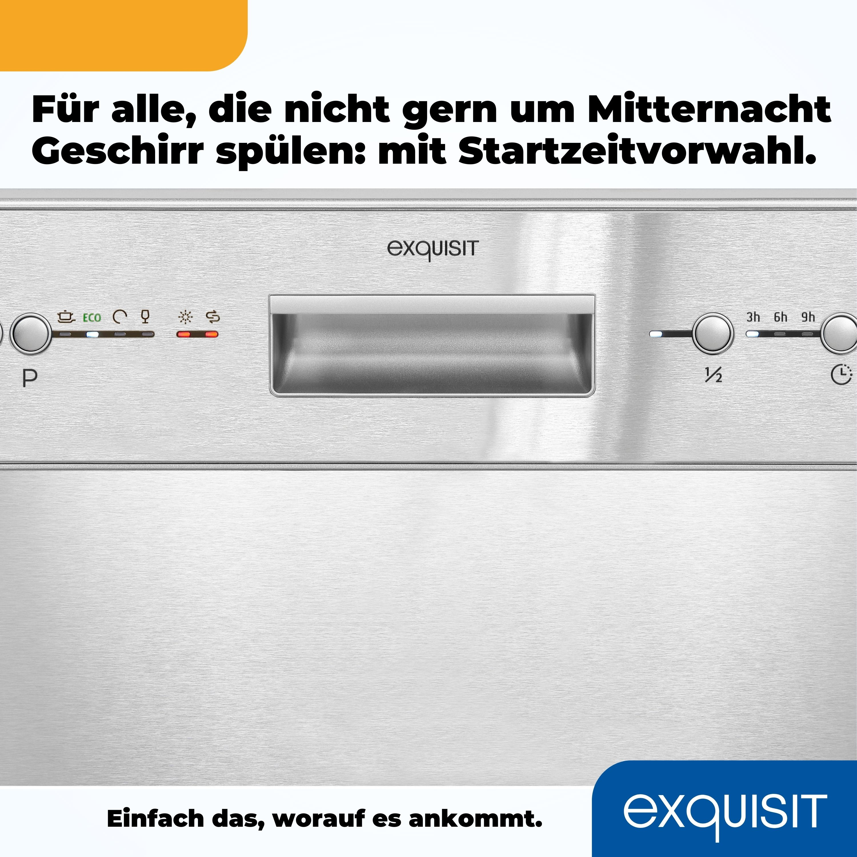 Spülmaschinen-Bedienfeld. Knöpfe, ein Display und ein Logo. Text: 'Für alle, die nicht gern um Mitternacht Geschirr spülen'.