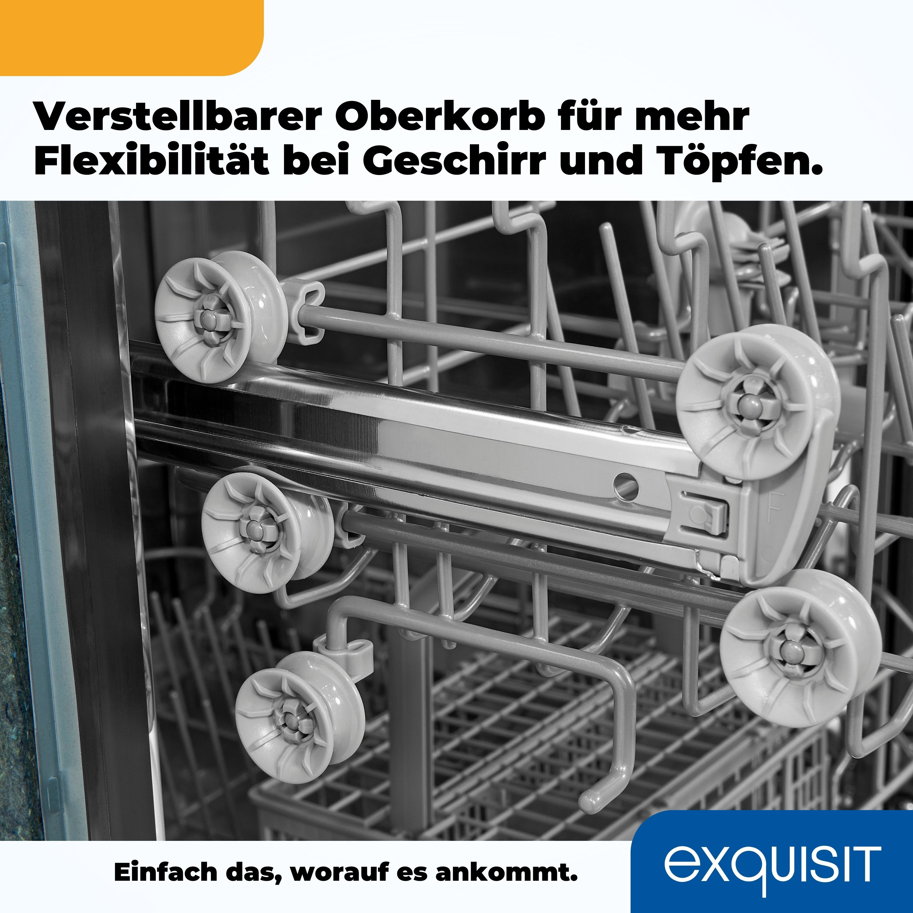 Geschirrspüler-Innenraum mit verstellbarem Oberkorb. Räder sind sichtbar. Text: Verstellbarer Oberkorb für mehr Flexibilität.