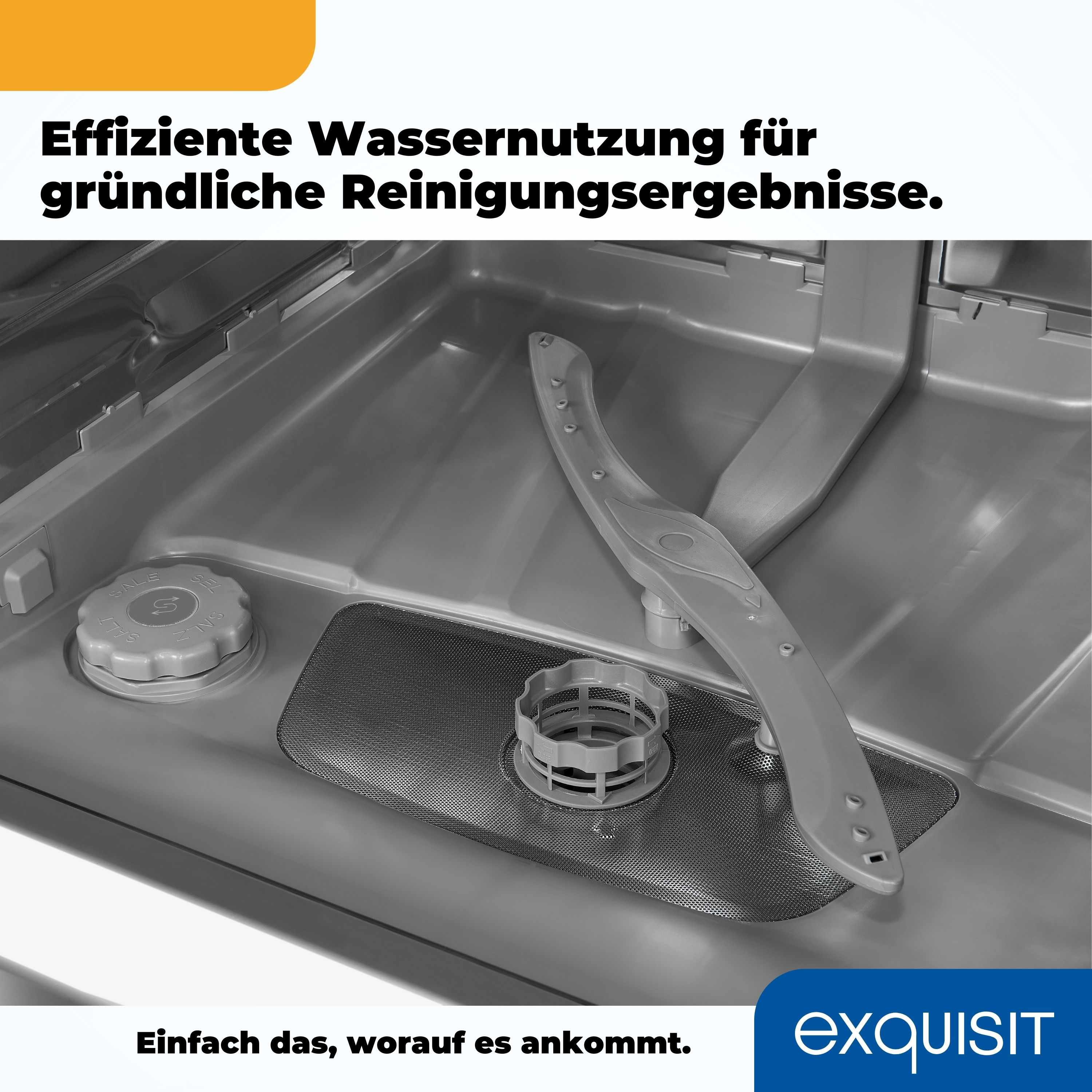 Nahaufnahme des Innenraums eines Geschirrspülers, mit Sprüharmen und Wasserverteilungssystem.