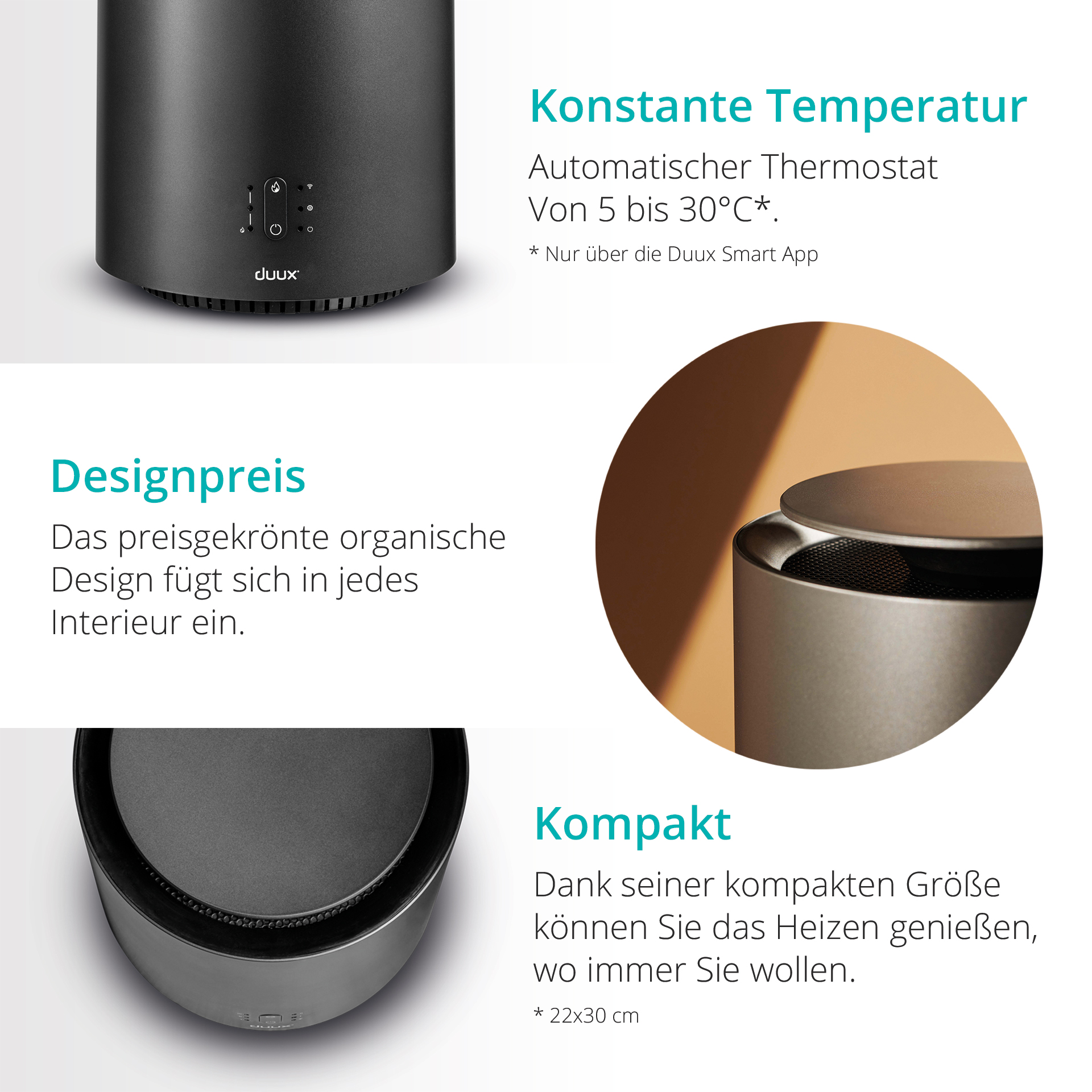 Różne kąty czarnego oczyszczacza powietrza, pokazujące cechy.