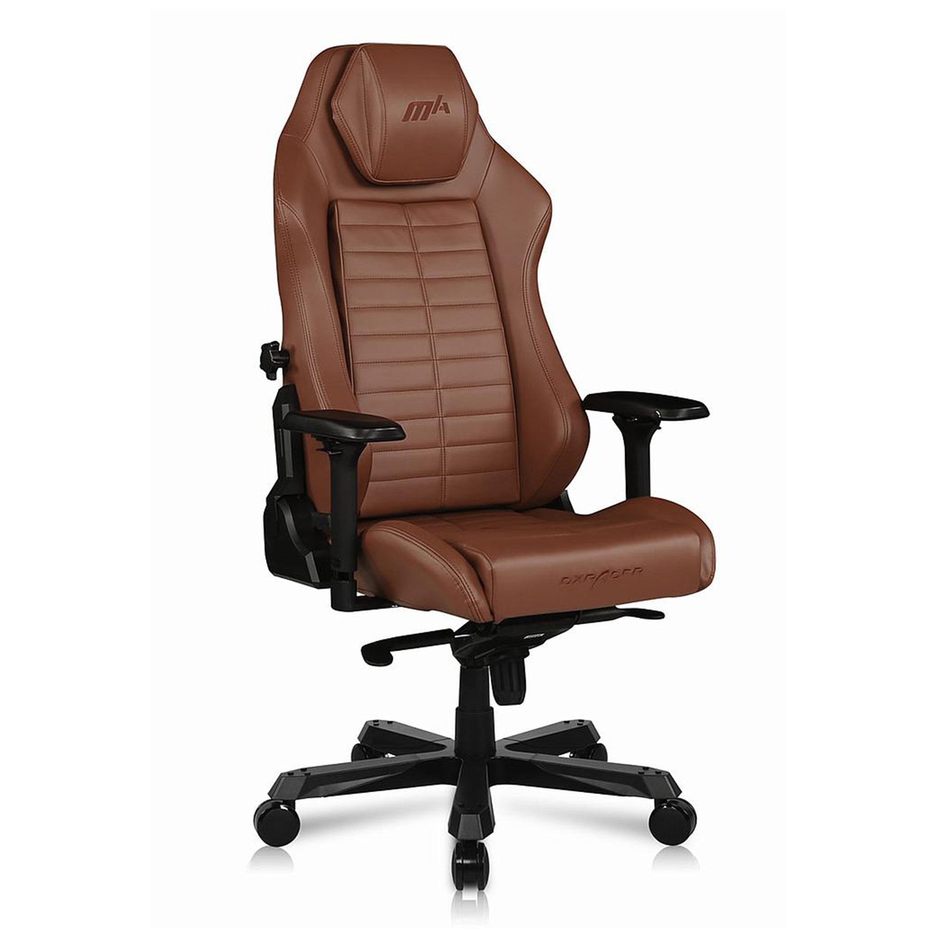 A brown leather gaming chair with black accents, on a white background.