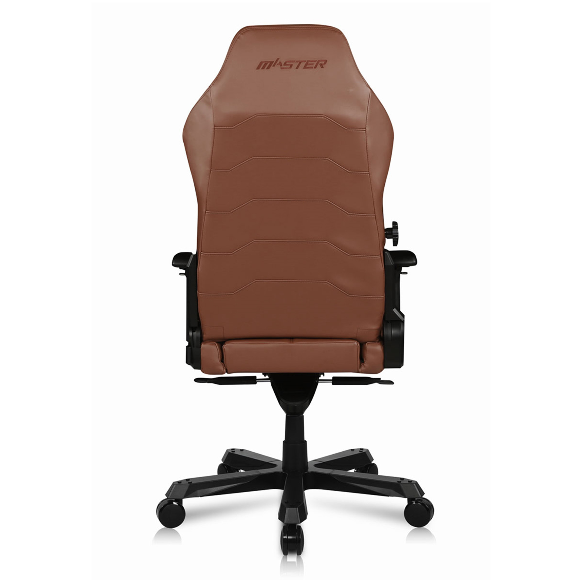 Brown gaming chair with black base and wheels, seen from the back against a white background.