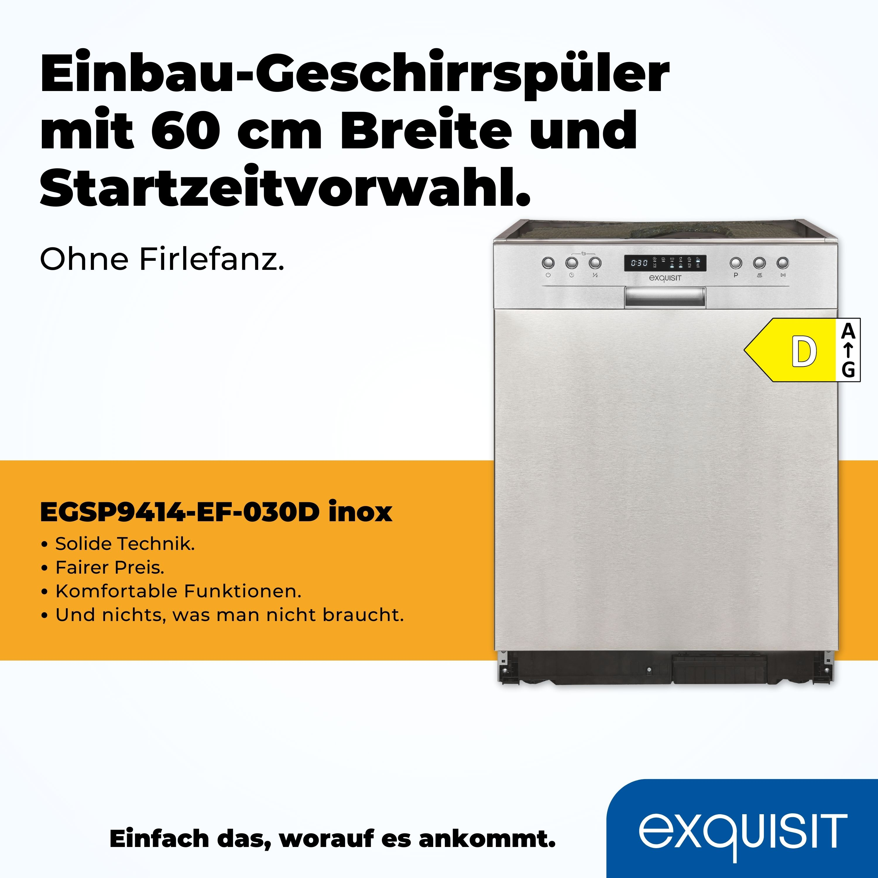 Ein Edelstahl-Geschirrspüler mit Text und Energieeffizienzlabel.