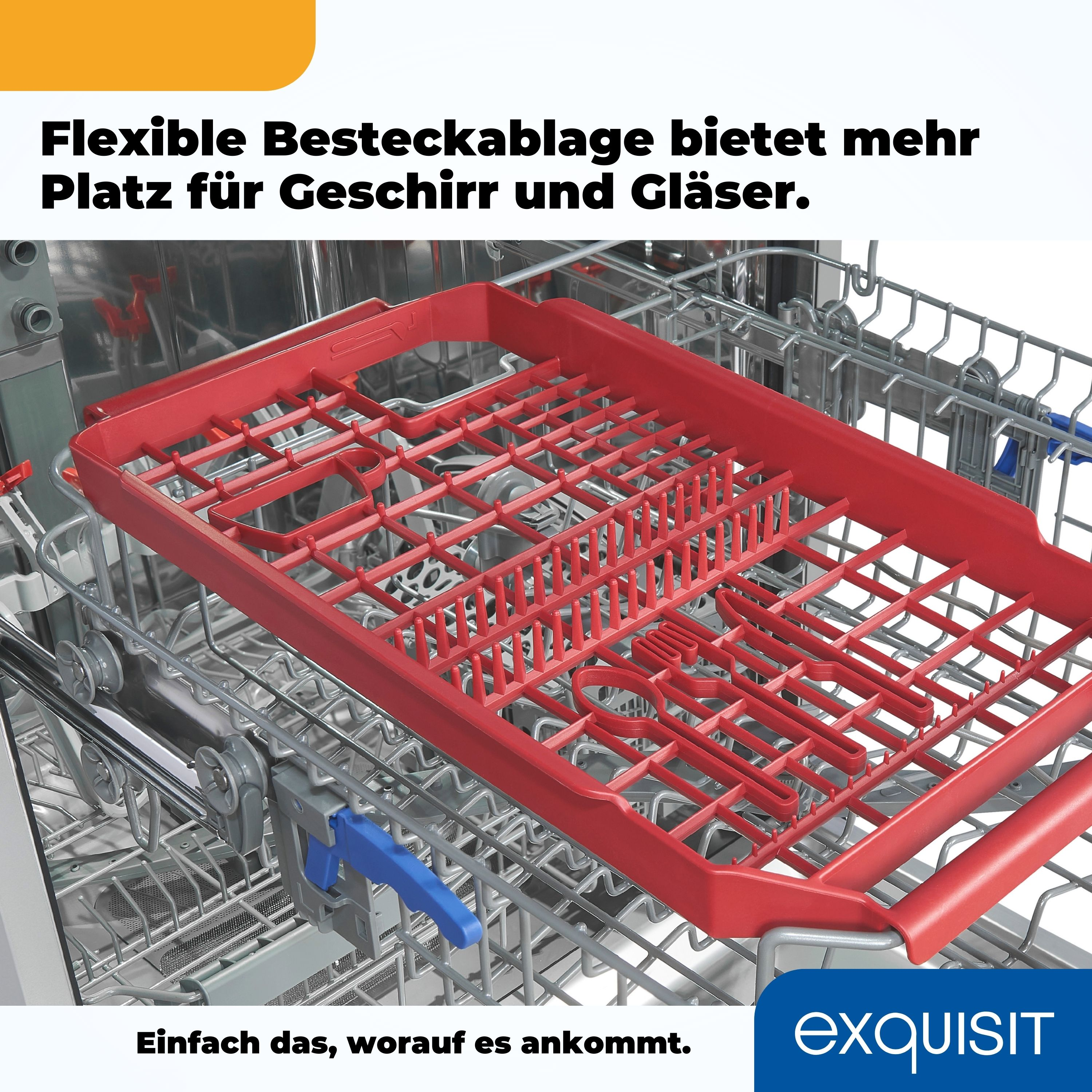 Rotes Geschirrgestell in einer Spülmaschine. Text: Flexibler Besteckkorb bietet mehr Platz für Geschirr.