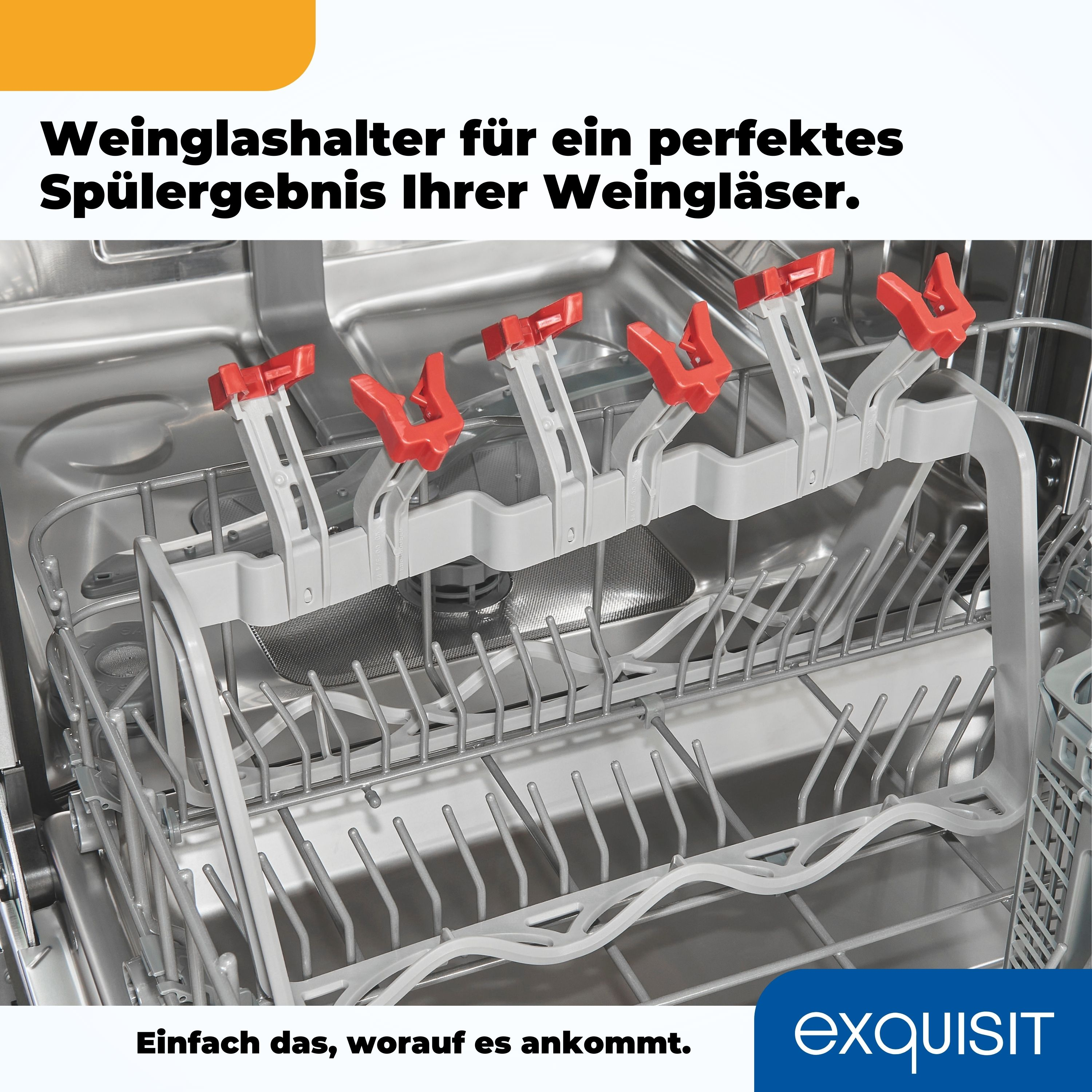 Geschirrspüler-Innenraum mit Weinglashalter, roten Klammern und Markenlogo.
