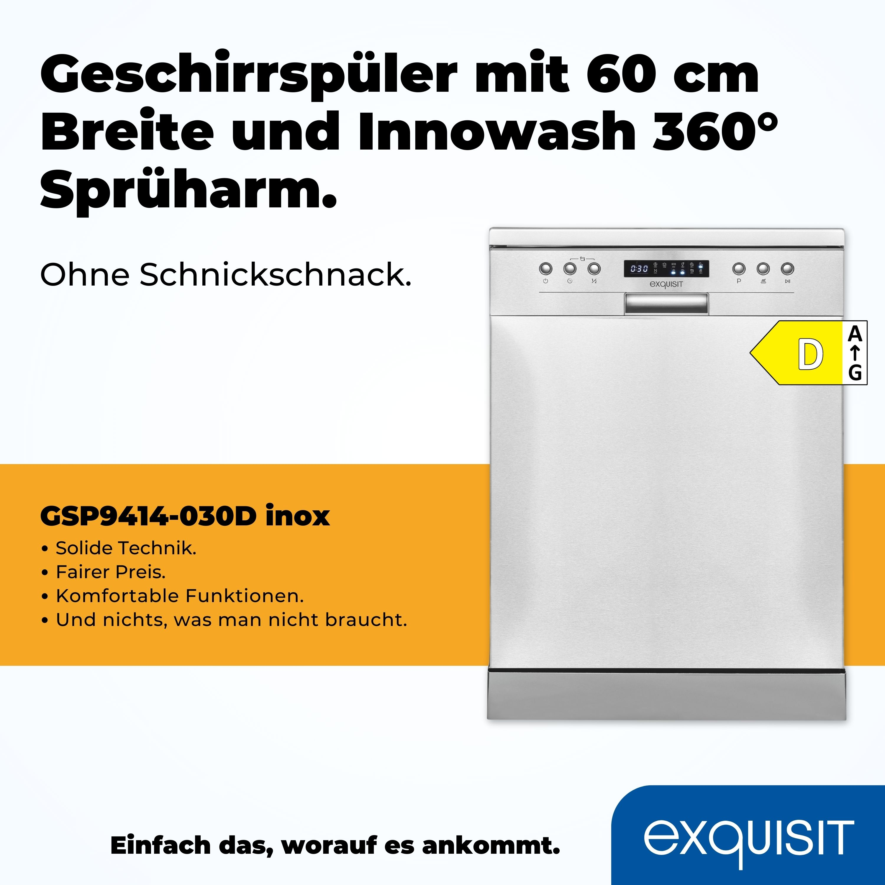 Geschirrspüler mit Text. Edelstahlfront. Gelbes Energielabel. Text im Hintergrund.