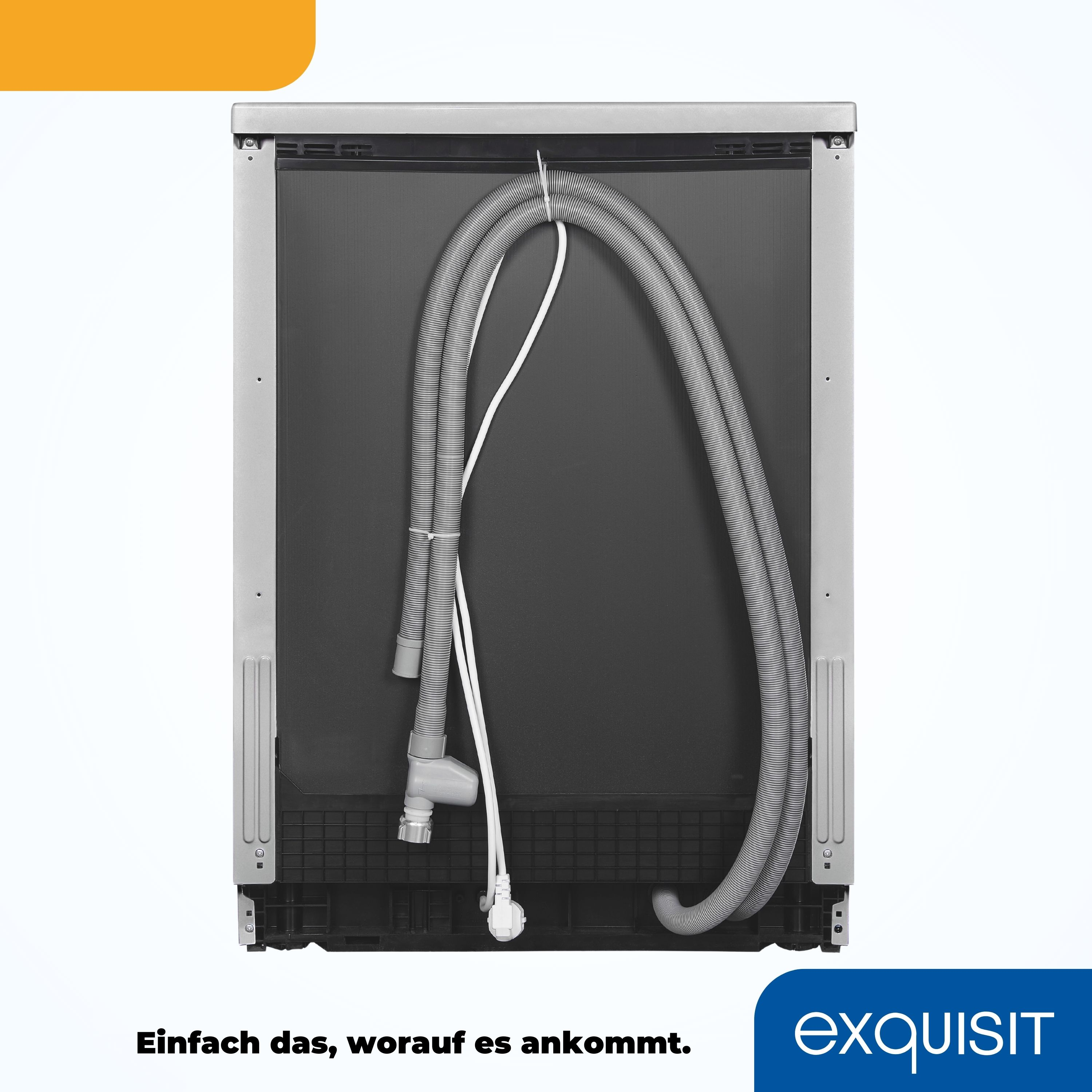 Rückseite eines Geschirrspülers, mit Schläuchen und einem weißen Stecker vor dunklem Hintergrund.