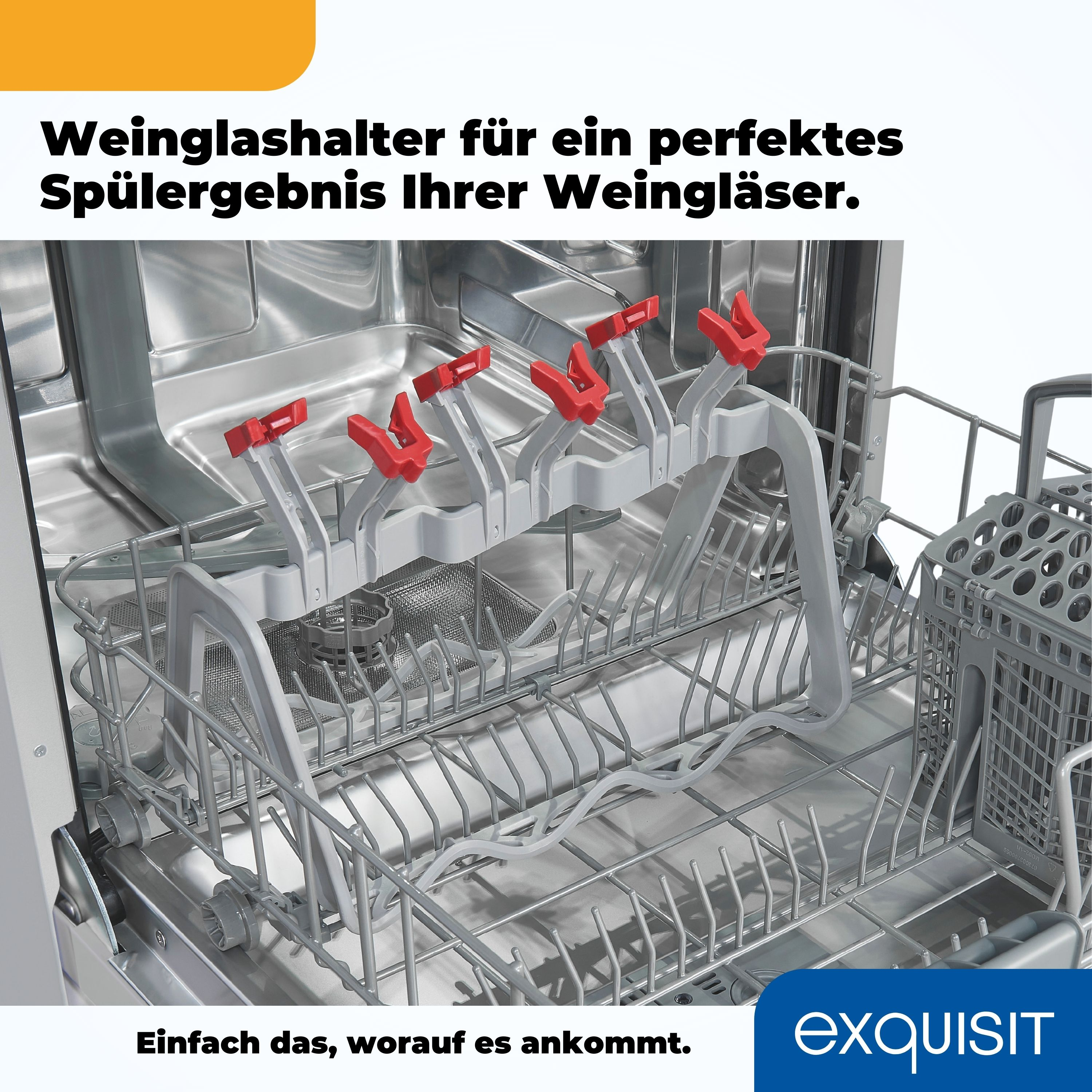 Geschirrspüler mit Glashaltern. Rote Clips, Metallgestell. Weißes Interieur.