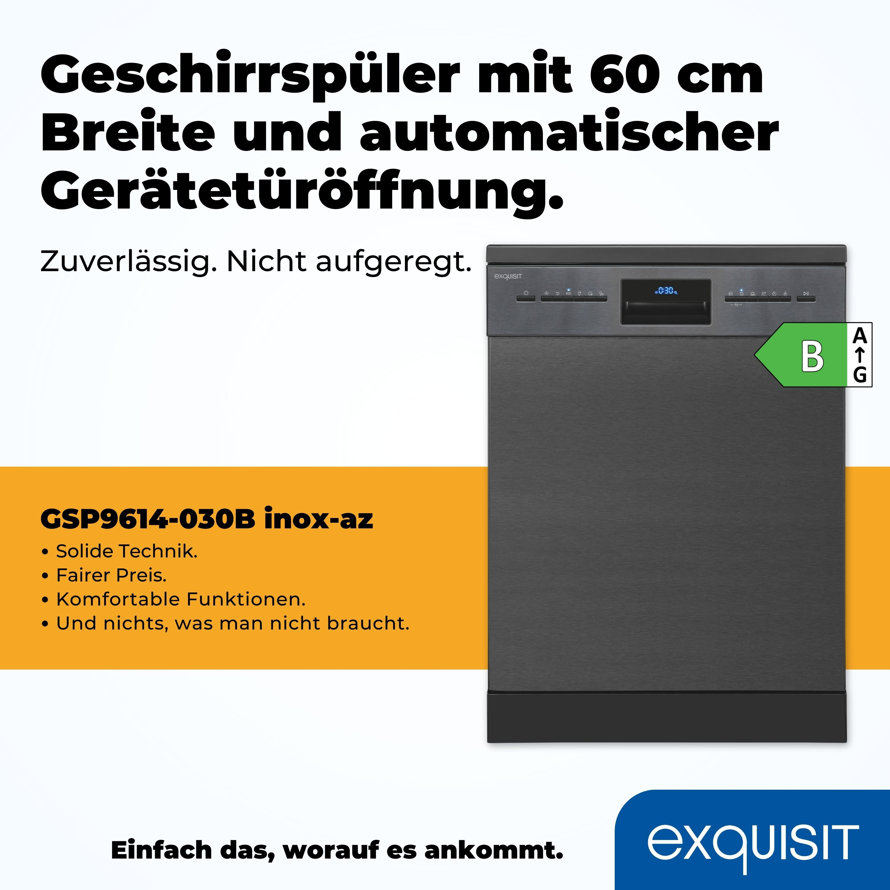 Schwarzer Geschirrspüler mit offener Tür, Innenraum und Bedienfeld zeigend.