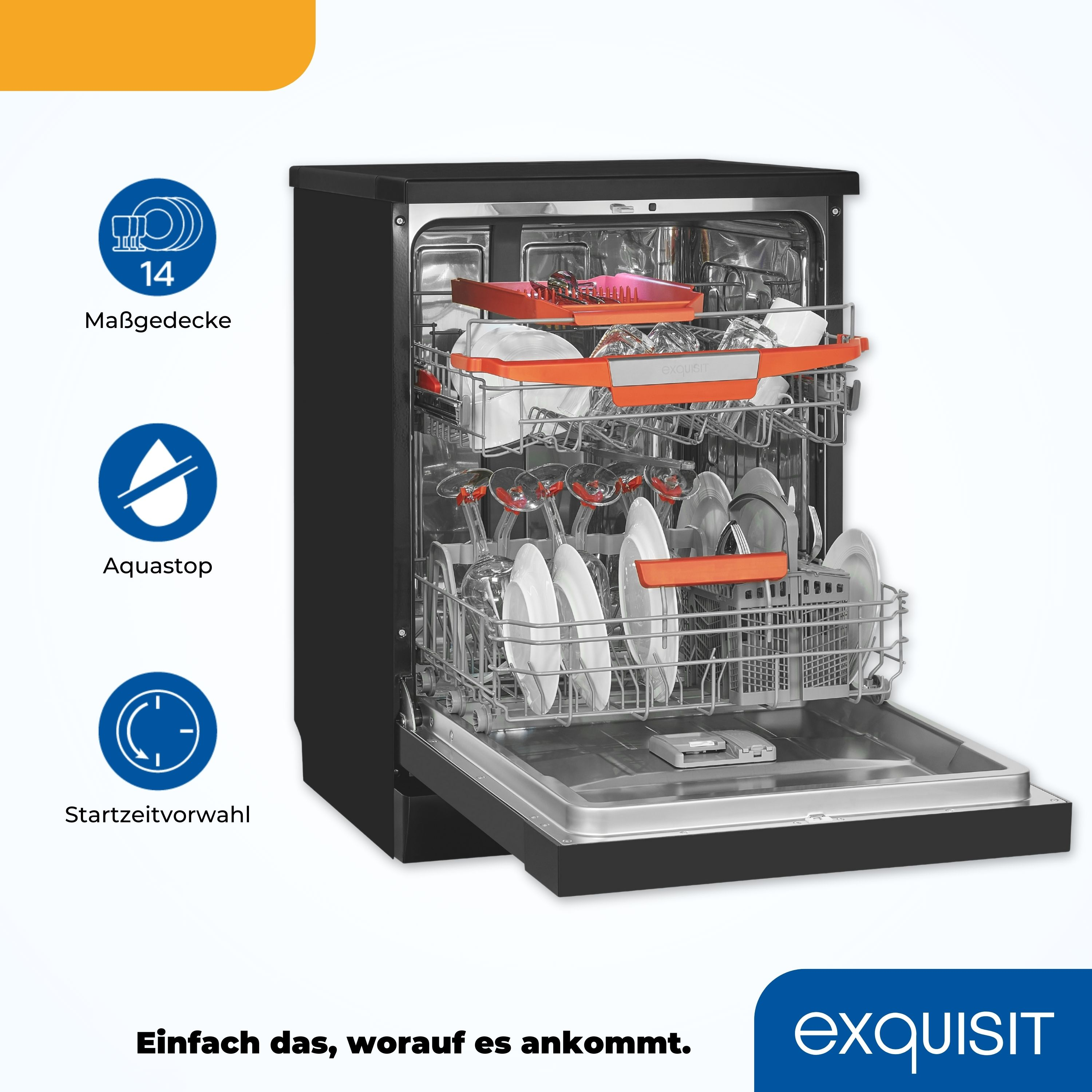 Geschirrspüler mit offener Tür, Geschirr sichtbar. Icons für Energie, Wasserstopp und Timer.