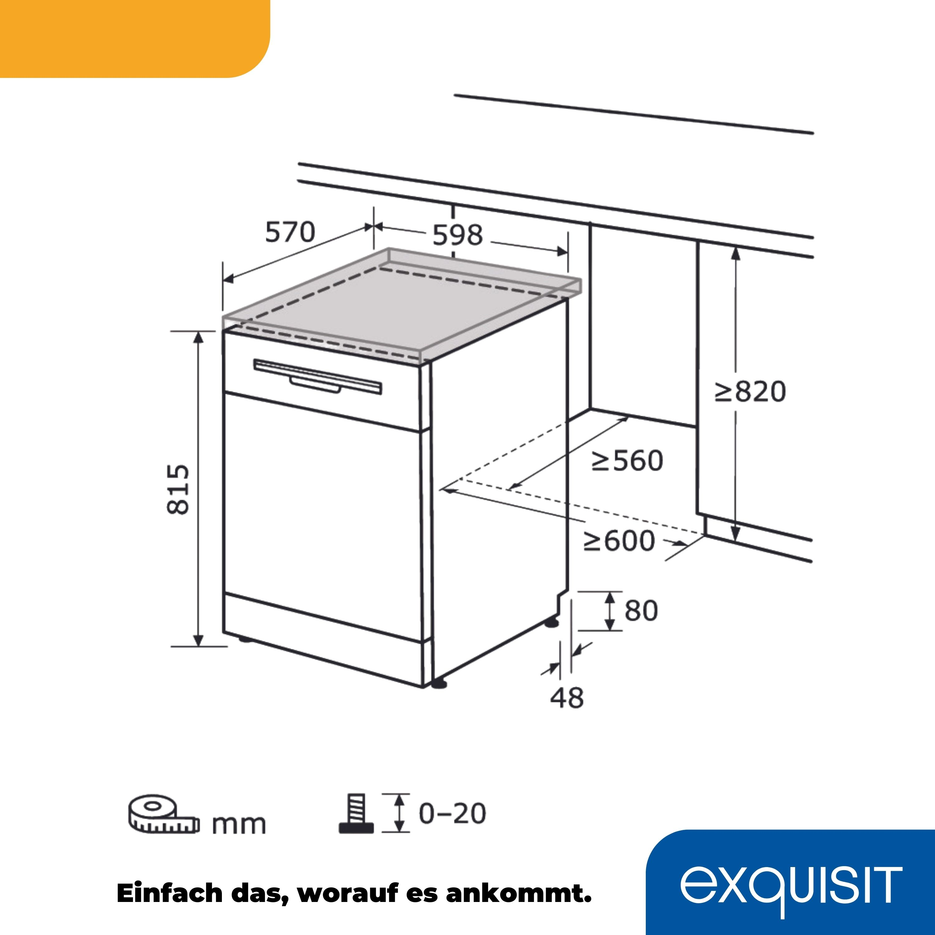 Diagramm eines Geschirrspülers in einem Schrank, mit Abmessungen in mm. Text: Einfach das, worauf es ankommt.