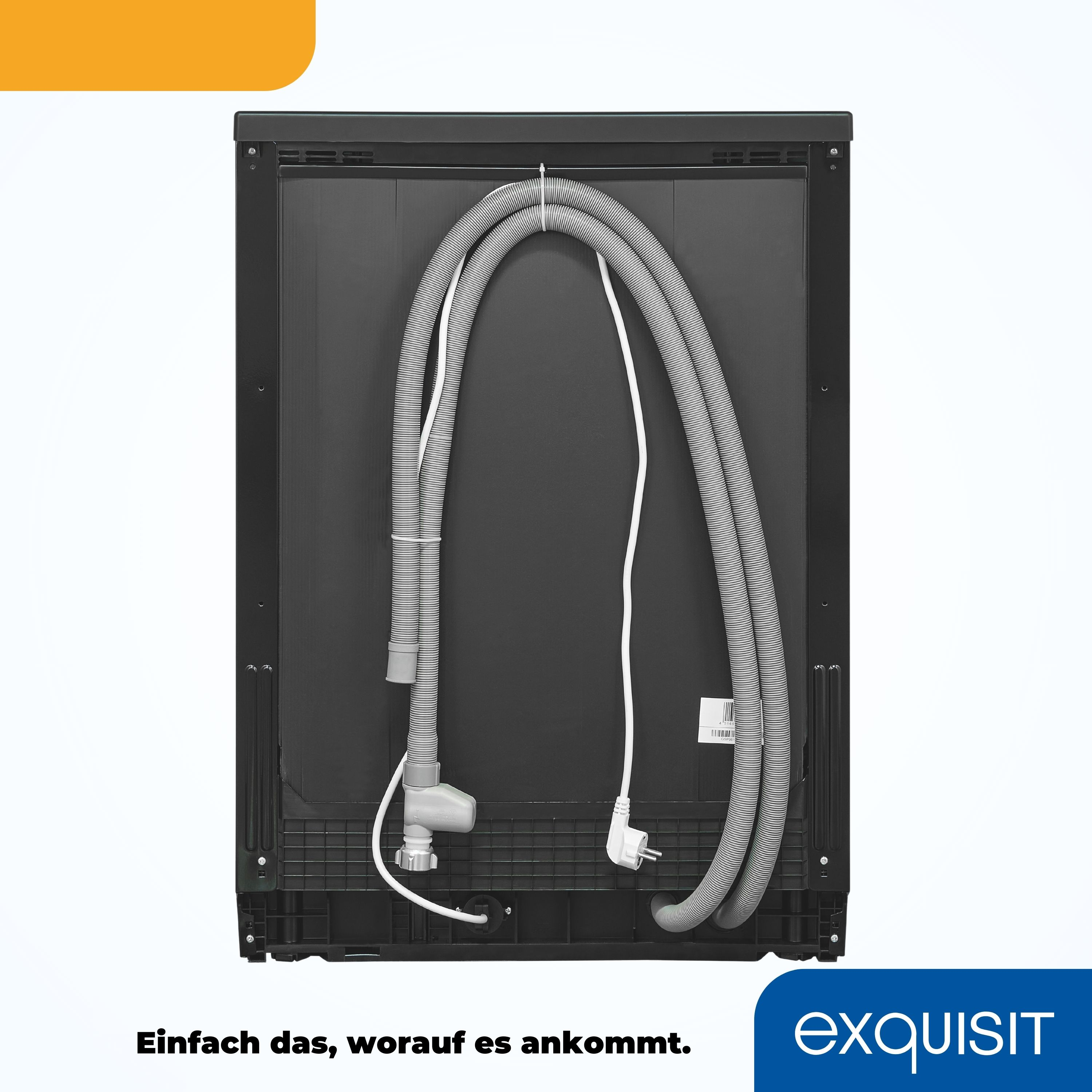 Die Rückseite eines Geschirrspülers. Die Schläuche und Drähte sind sichtbar. Ein weißer Stecker ist angebracht.