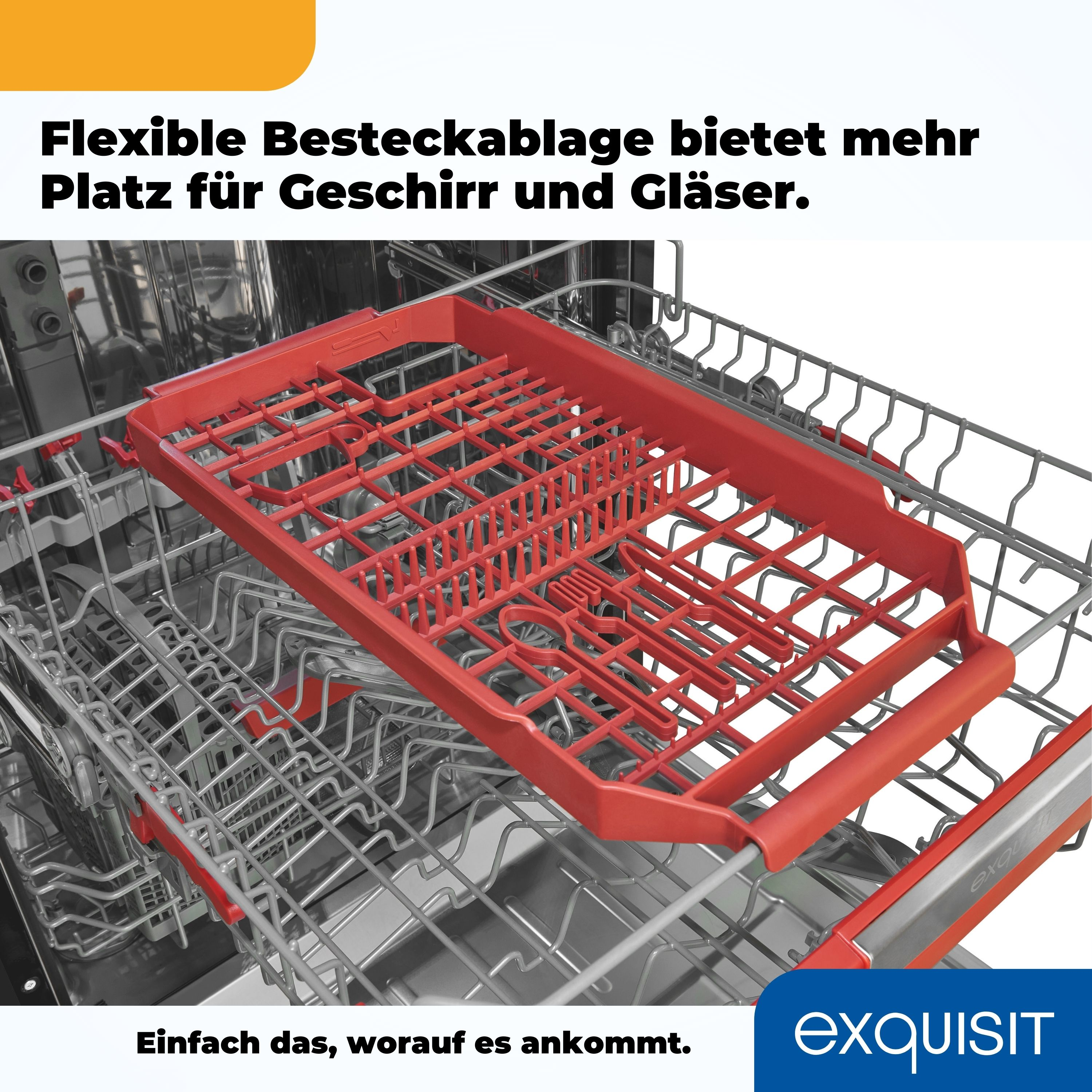 Ein rotes Tablett in einer Spülmaschine, das zur Aufnahme von Besteck bestimmt ist. Die Spülmaschine ist geöffnet.