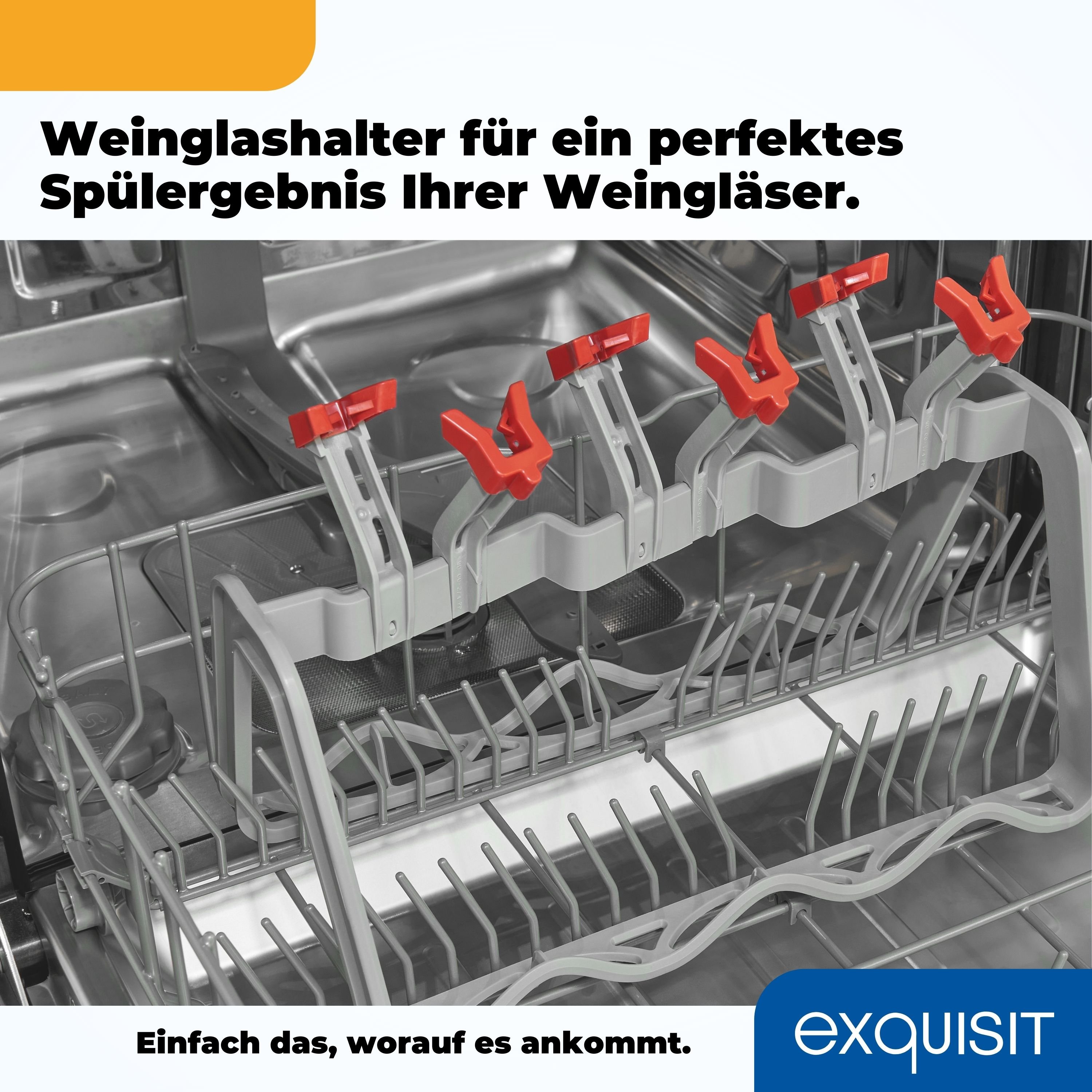 Weinglashalter im Geschirrspüler. Rote Clips halten die Gläser fest.