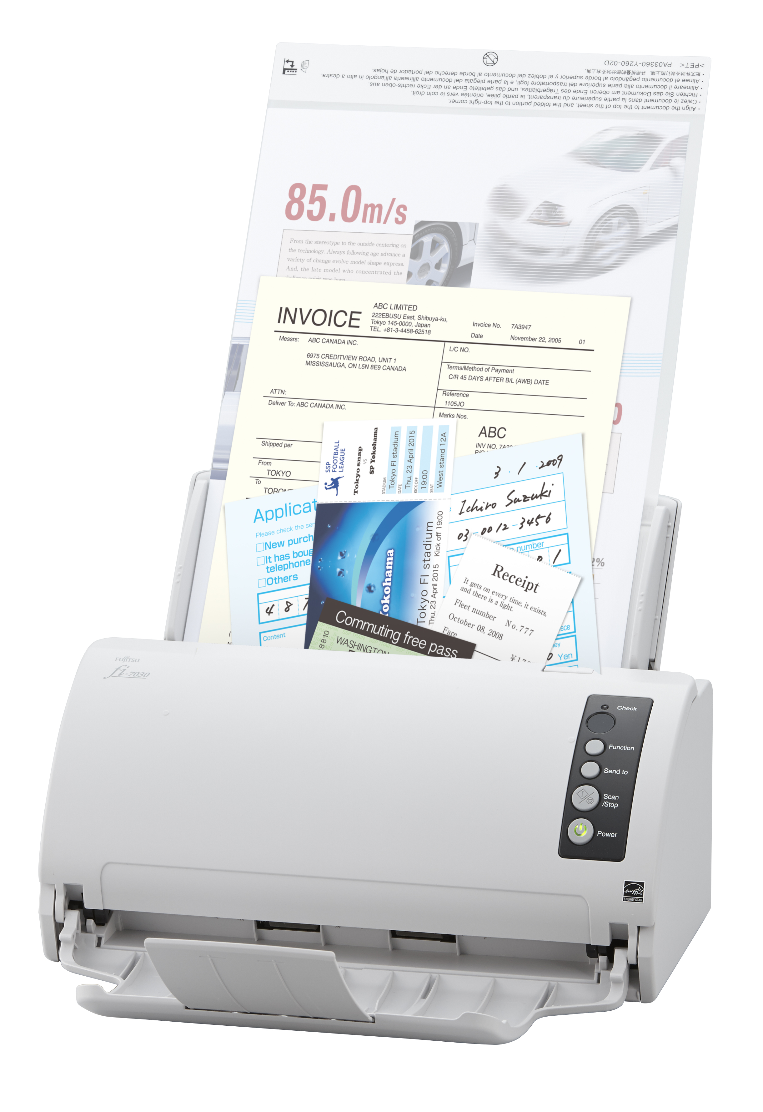 Uno scanner bianco con documenti, fatture e una ricevuta, con uno sfondo bianco.