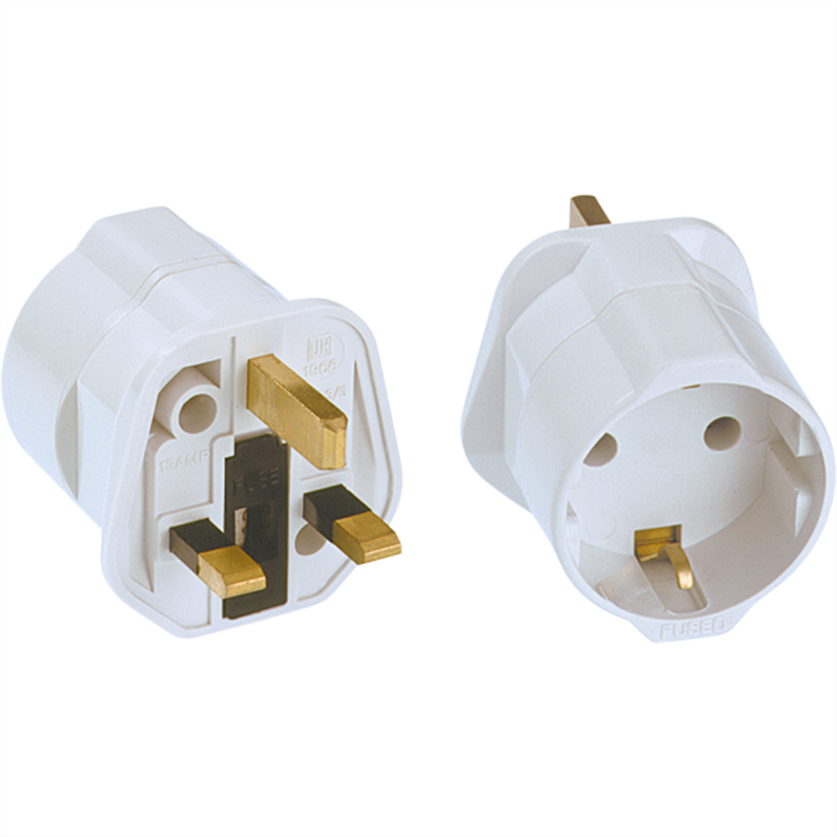 White travel adapter, with three prongs. Two adapters are shown.