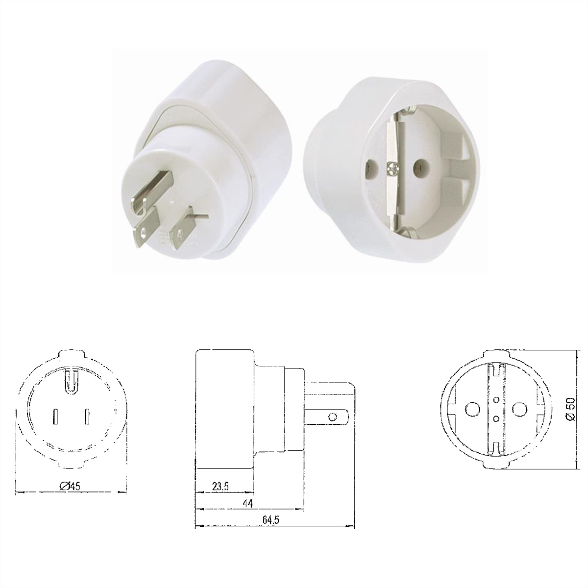 White electrical adapter, with top and side views, and technical drawings.