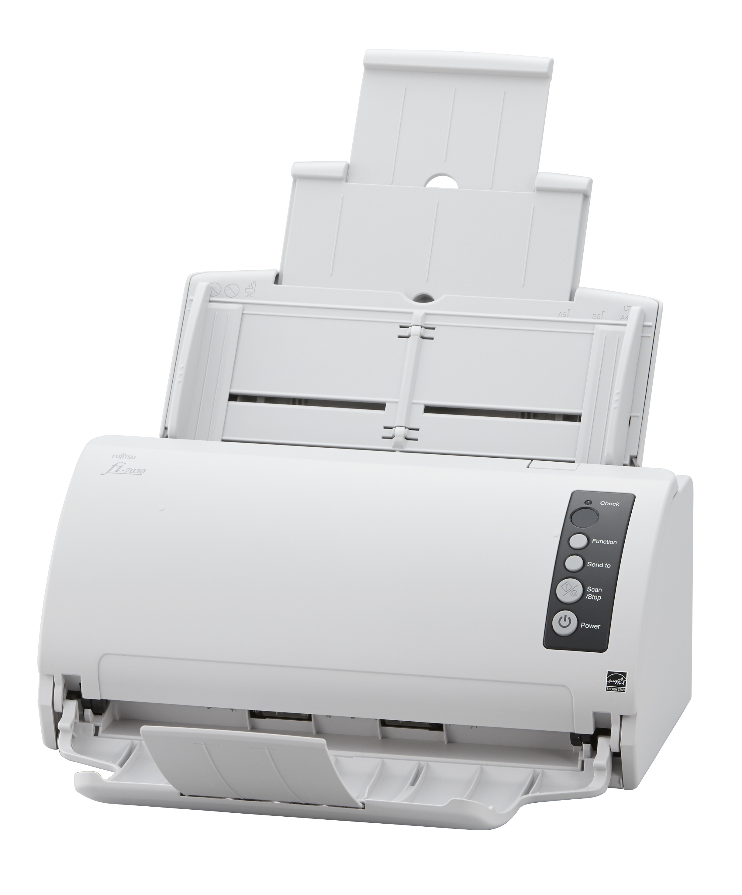 Uno scanner bianco con vassoi aperti. Ha pulsanti sul pannello frontale e un'etichetta.