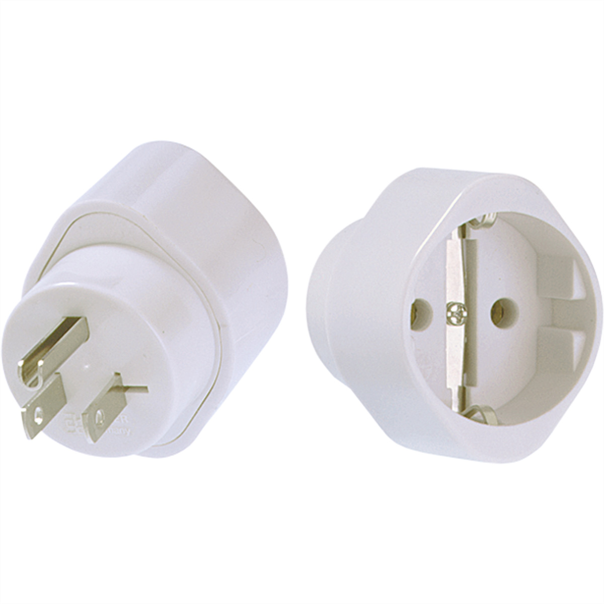 Two white power adapters. One has prongs, the other has holes. For US to EU conversion.