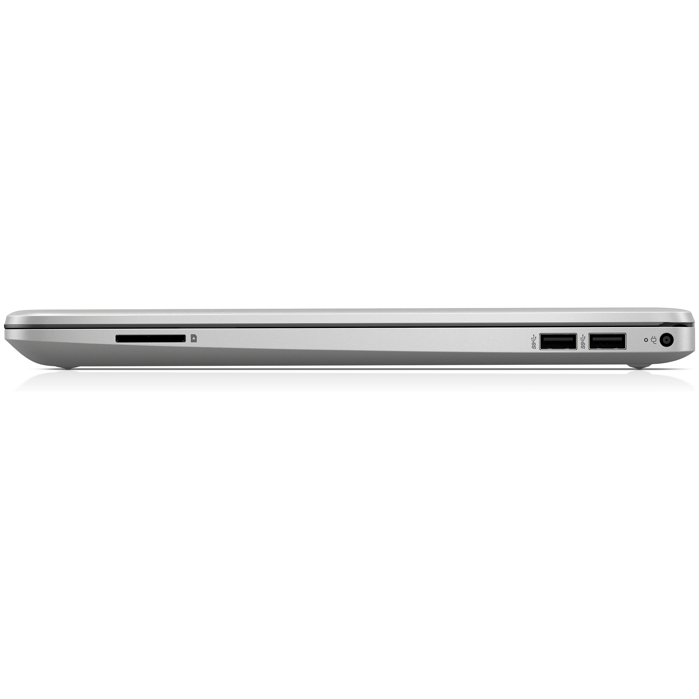 Profilo laterale di un laptop argentato. Mostra porte per scheda SD, USB e alimentazione.