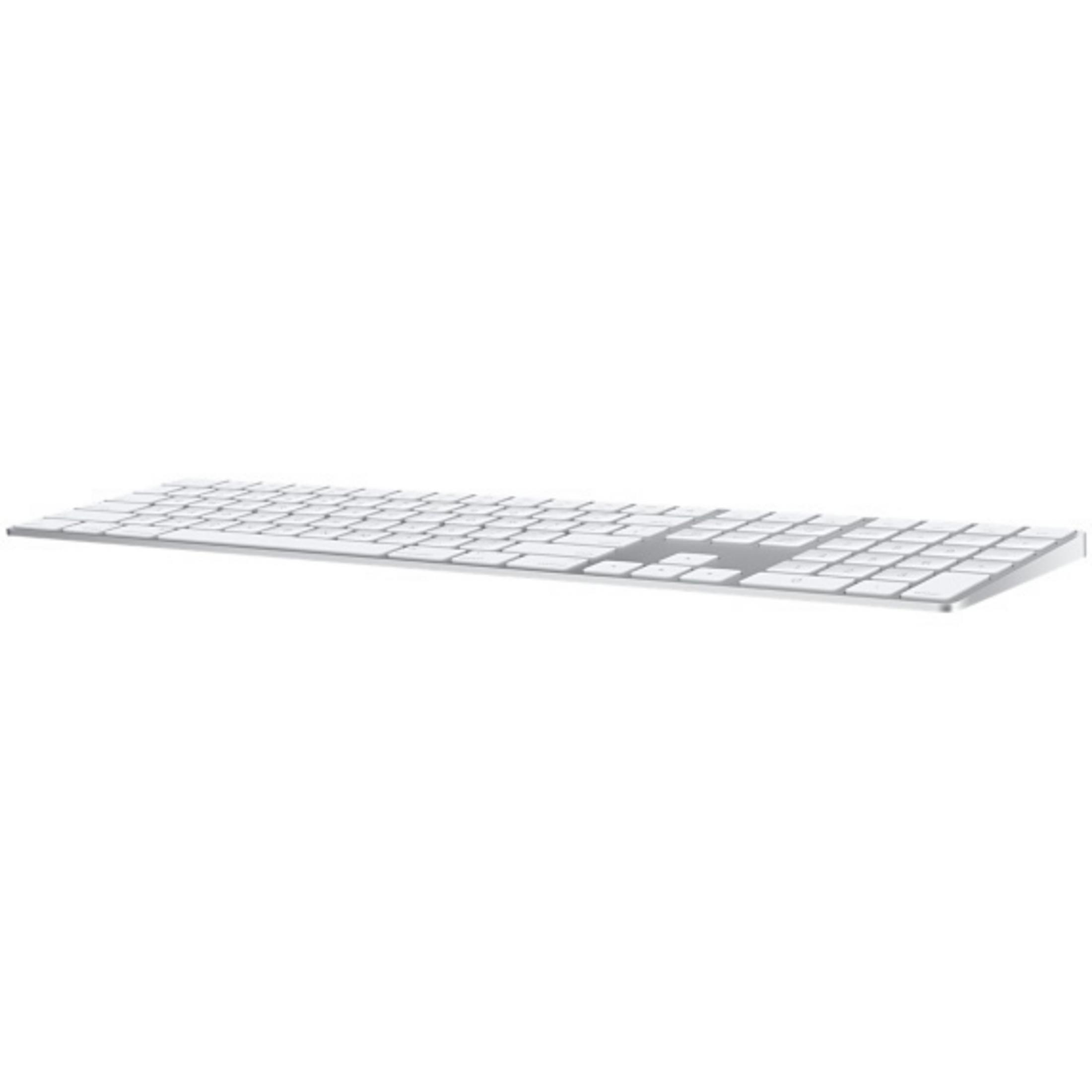 Eine silberne Apple-Tastatur, von oben gesehen, mit in einem Raster angeordneten Tasten.