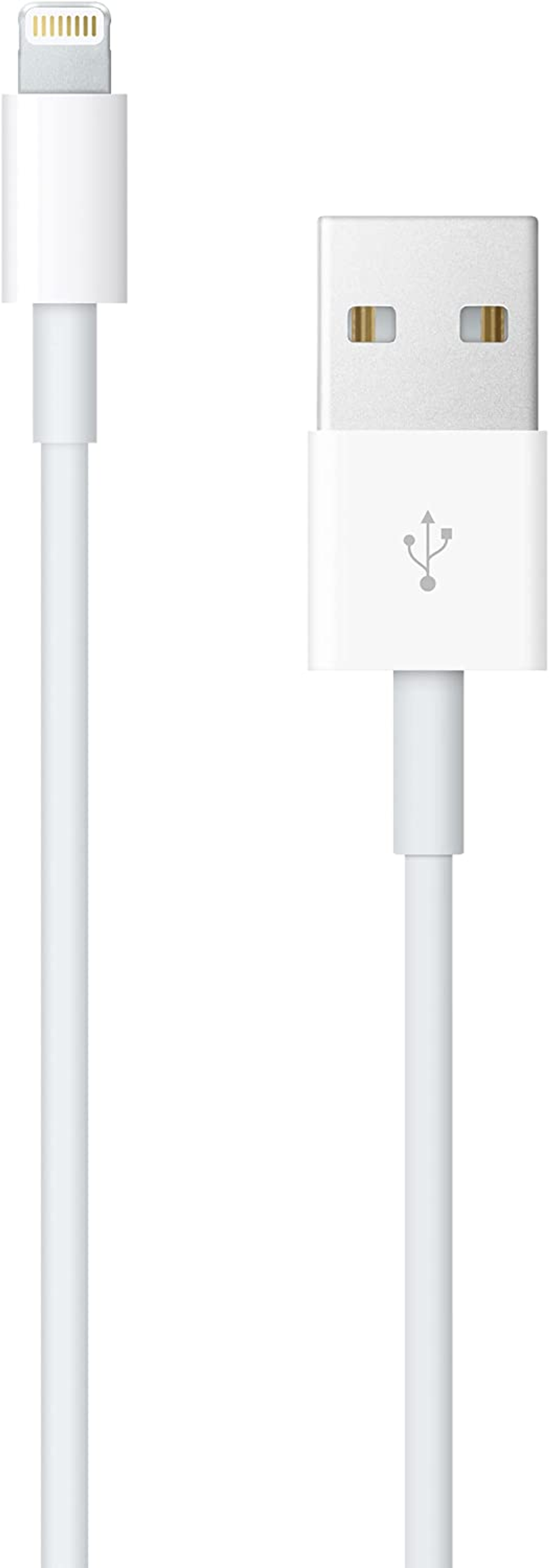 Weißes USB-auf-Lightning-Kabel. Das Kabel ist gerade und auf weißem Hintergrund isoliert.