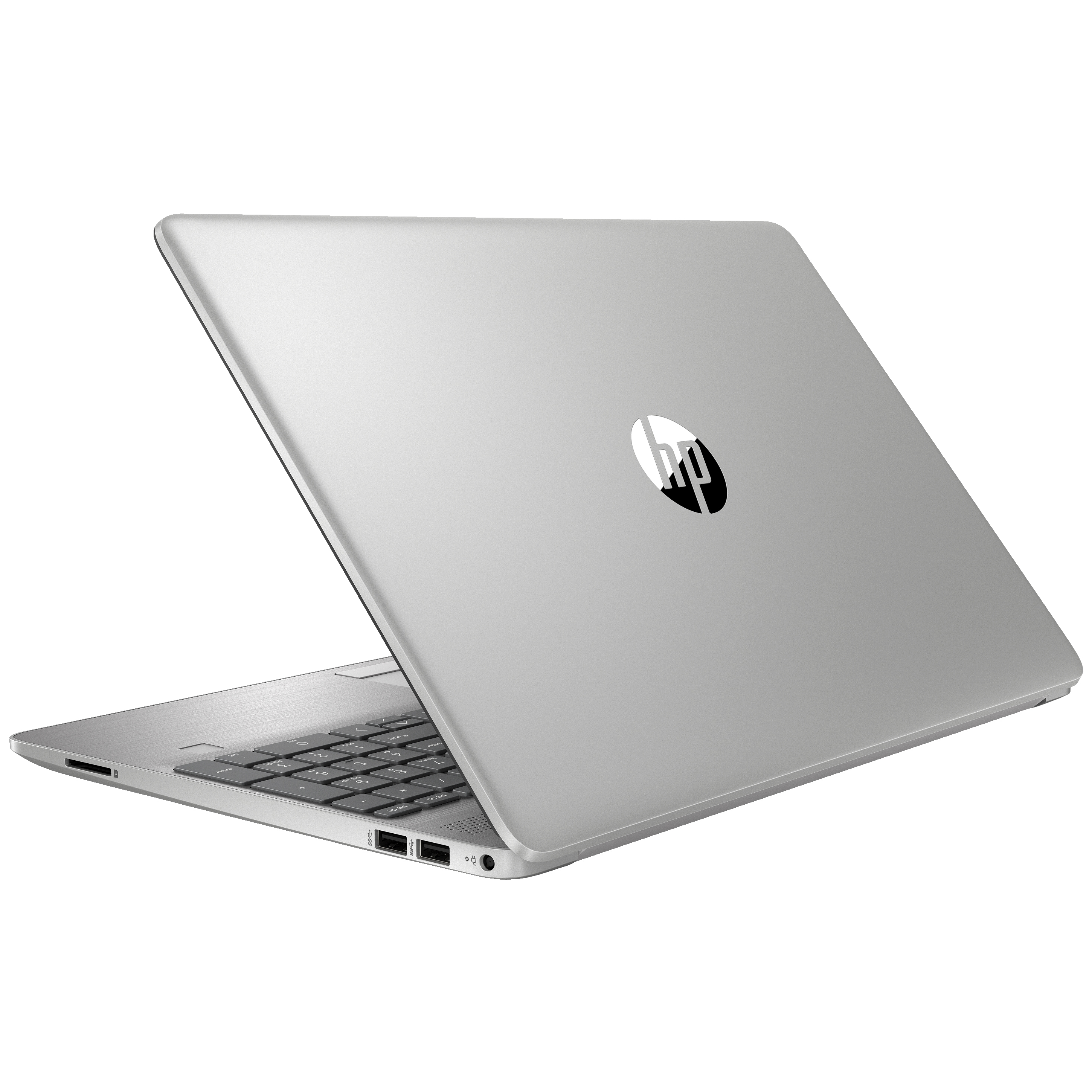 Un laptop argentato, leggermente aperto, che mostra la tastiera e il retro con il logo HP.