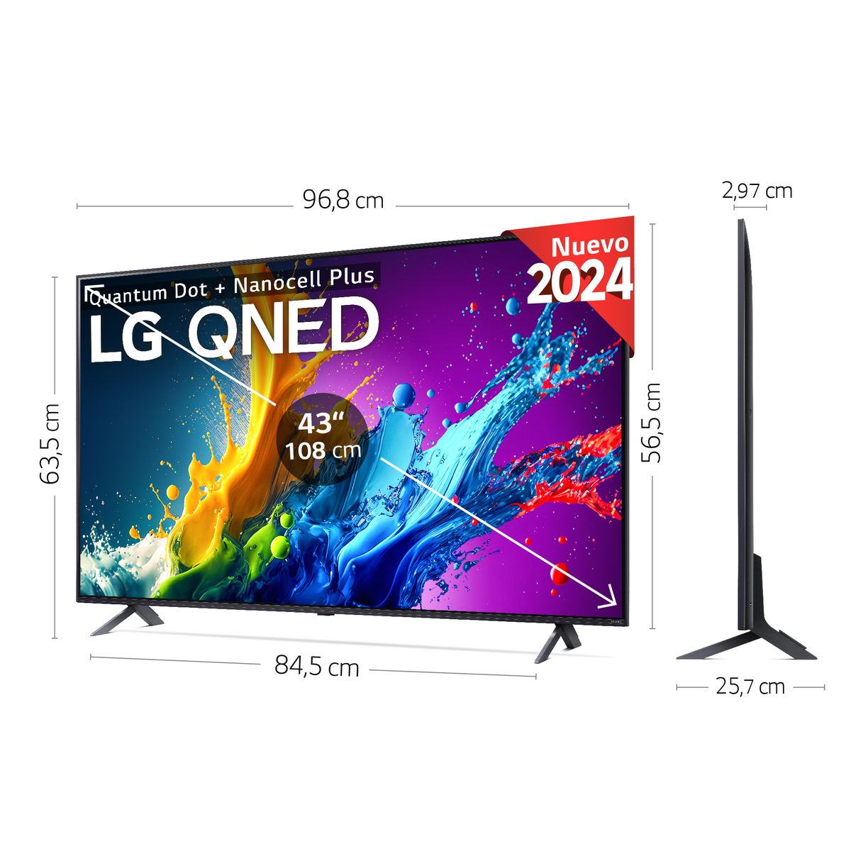 LG QNED TV auf weißem Hintergrund. Abmessungen des Fernsehers werden angezeigt.