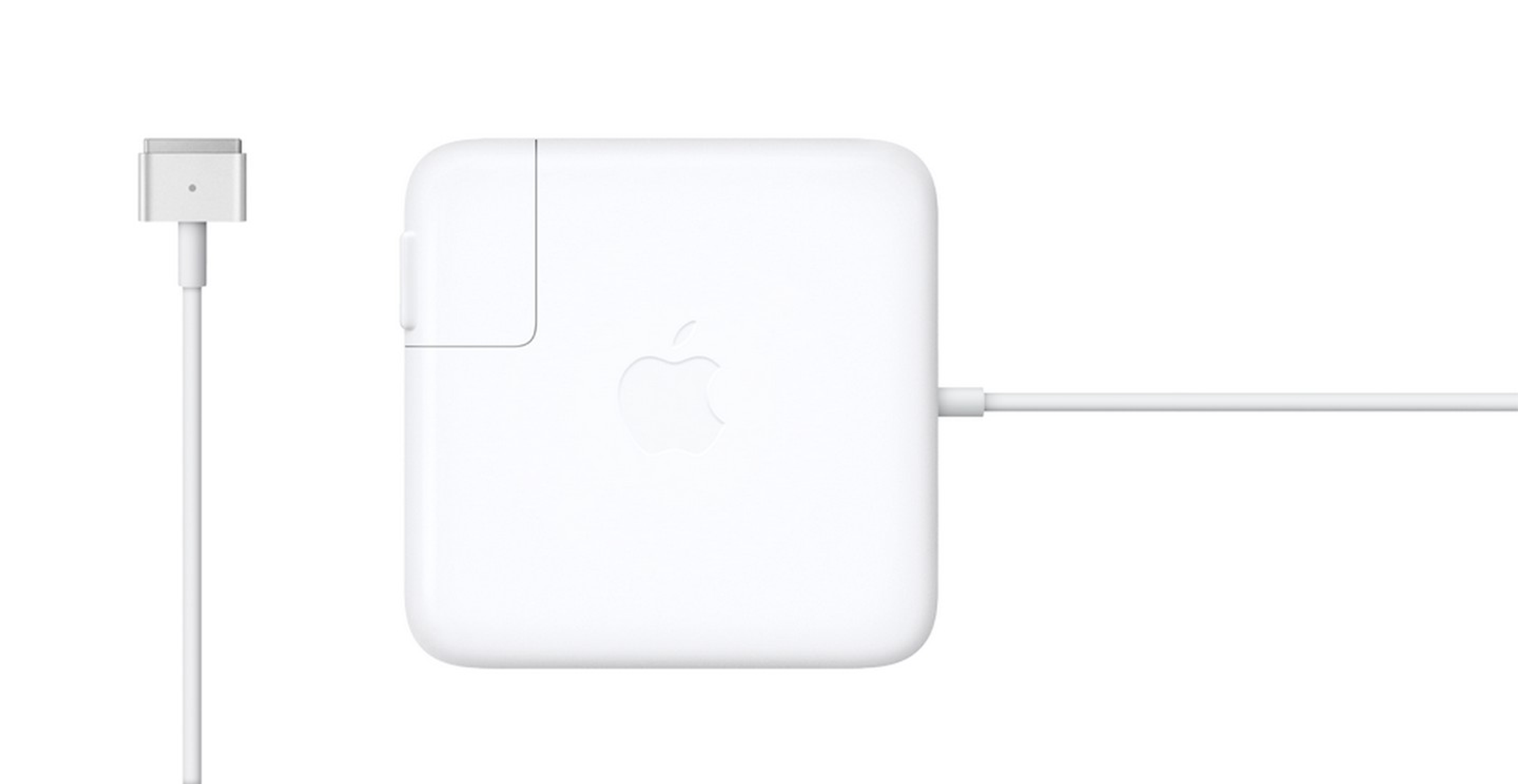 Adattatore di alimentazione Apple bianco con cavo e connettore magnetico.