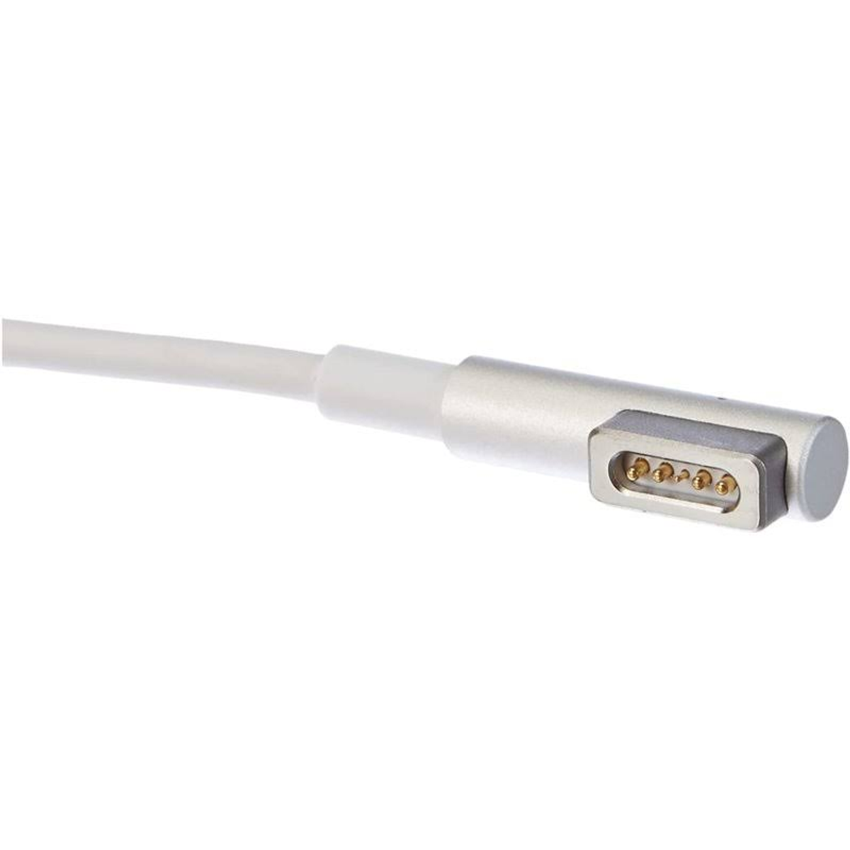Weißer MagSafe-Netzadapterstecker mit weißem Kabel.