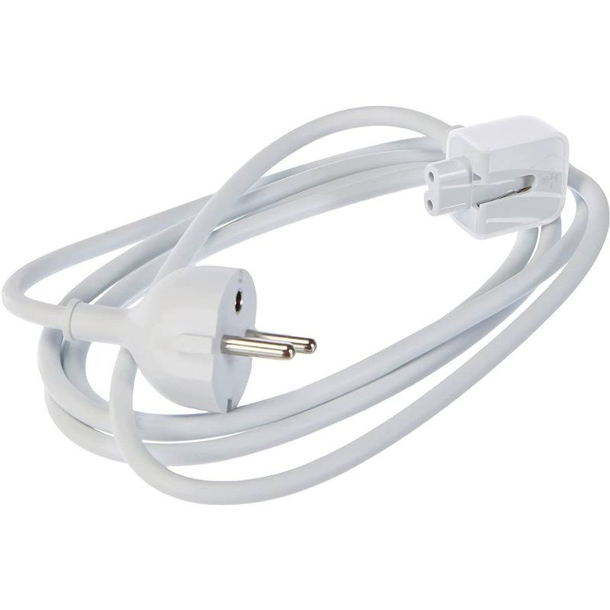 Ein weißes Netzkabel mit drei Stiften an einem Ende und zwei Stiften am anderen Ende. Es befindet sich auf weißem Hintergrund.