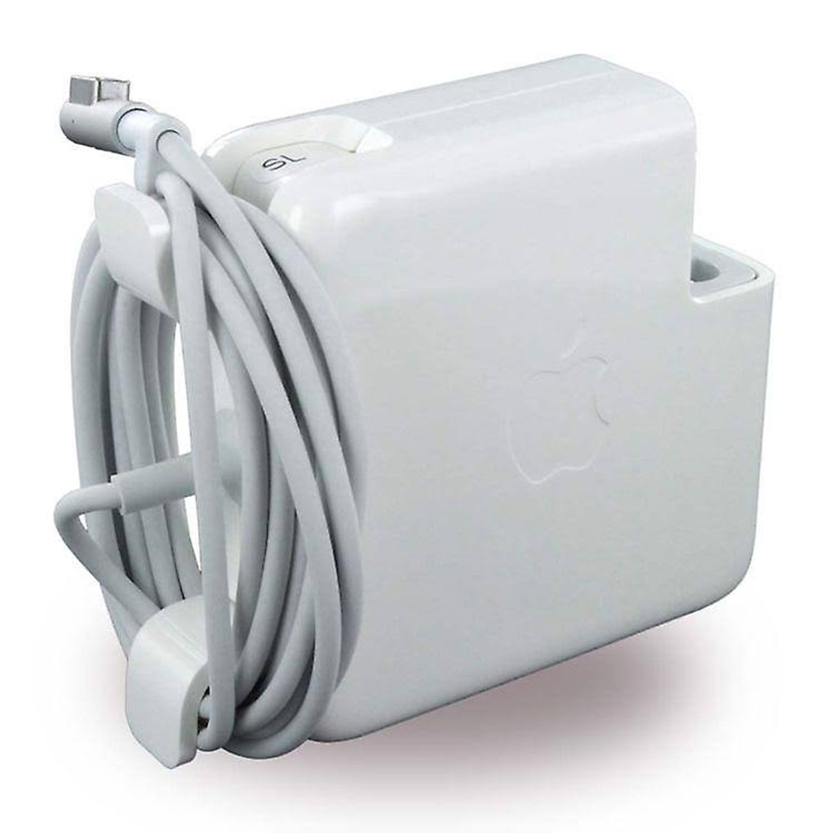 Ein weißes Apple-Ladegerät mit gewickeltem grauem Kabel und Apple-Logo.